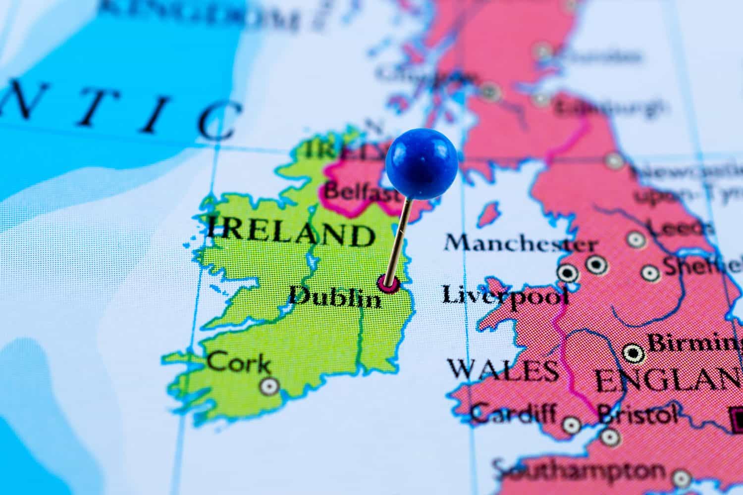 Dublin map. Close up of Dublin map with red pin. Map with red pin point of Dublin in Ireland.