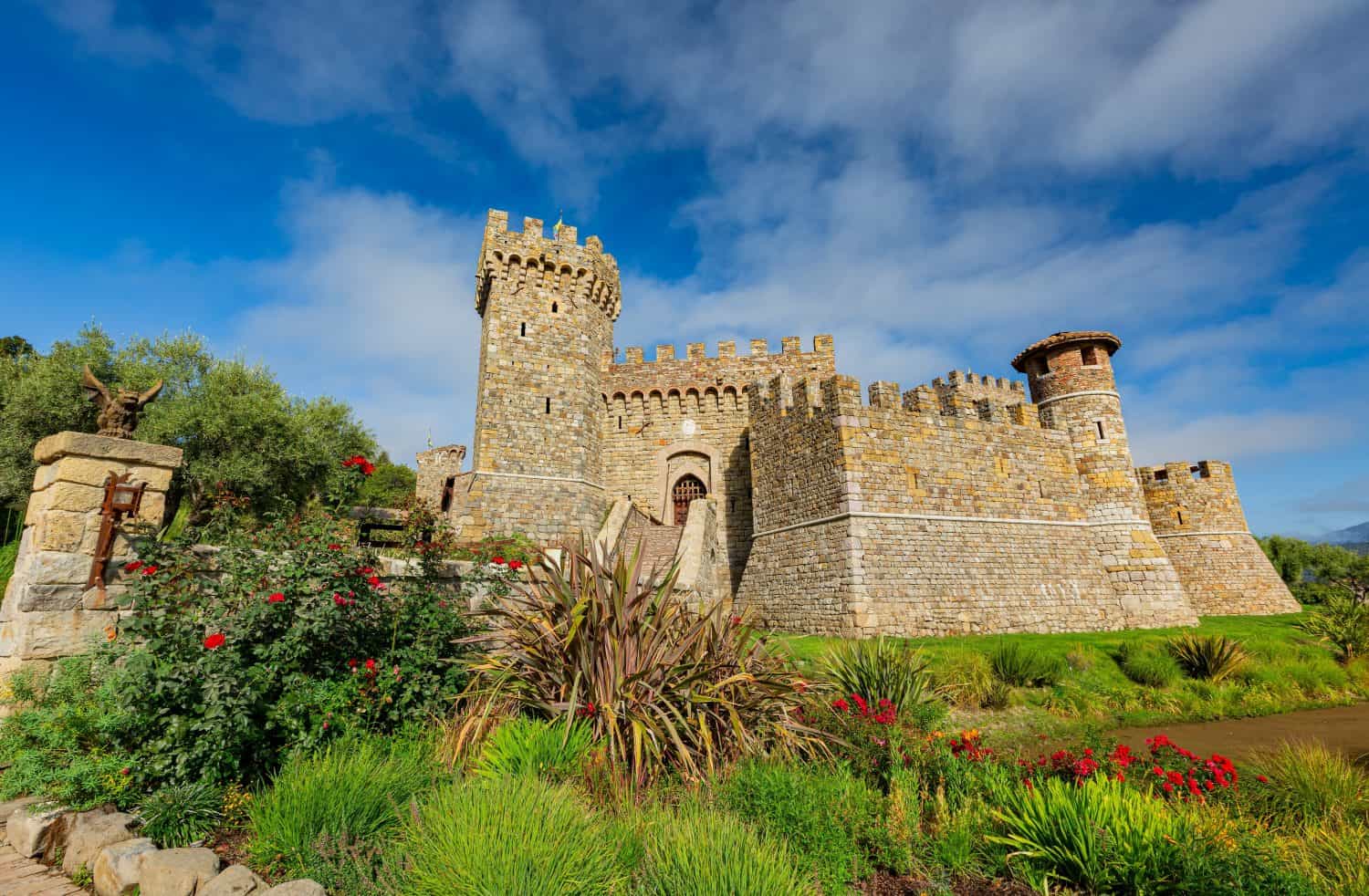 Sunny exterior view of the Castello di Amorosa winery at California