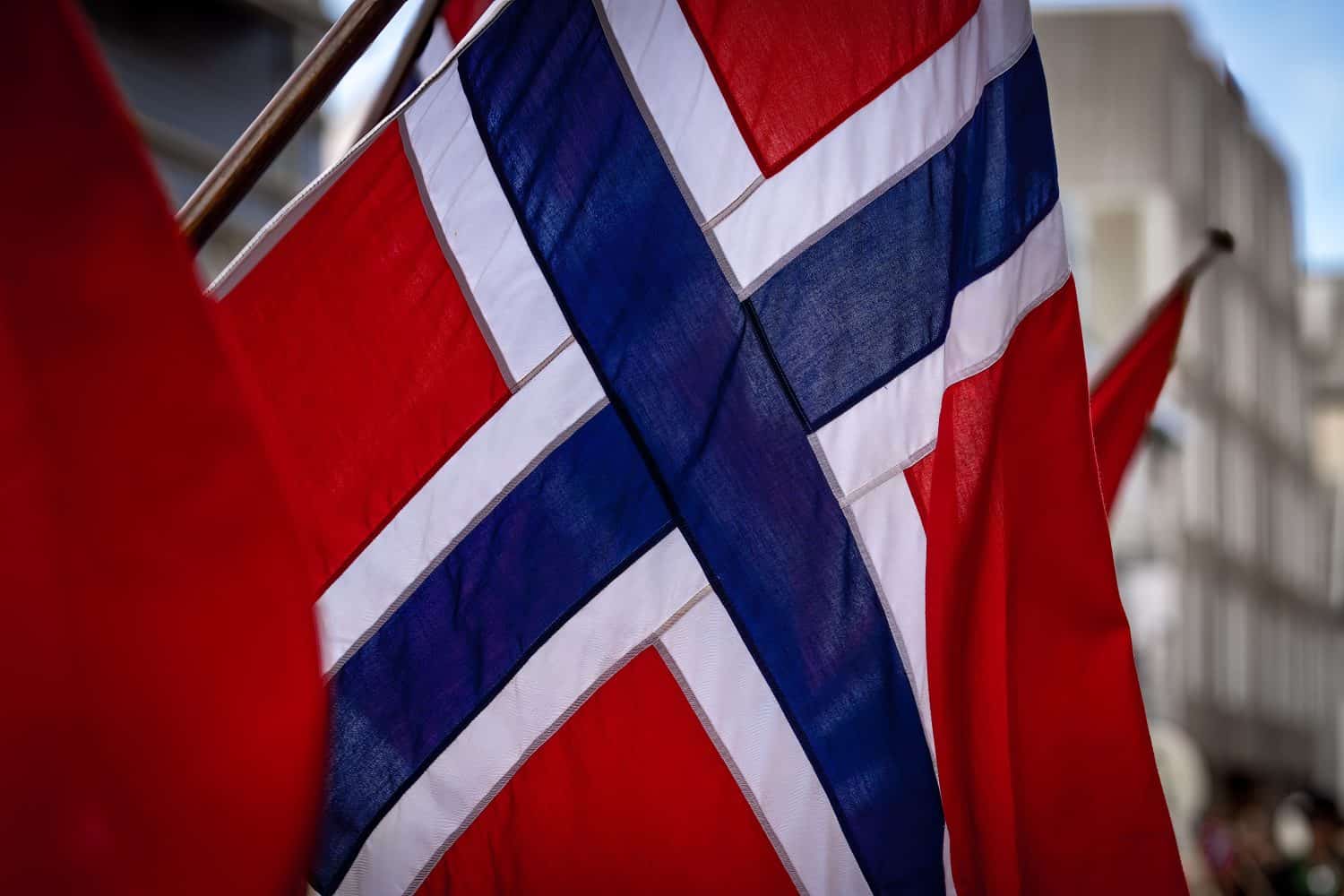 Norwegian flag in May 17th constitution day parade in Haugesund, Norway 2022