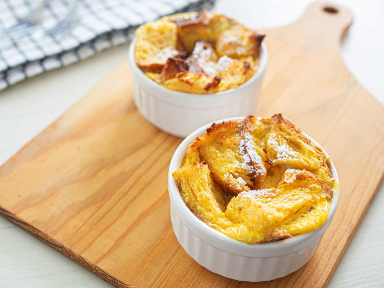 Homemade bread pudding on table