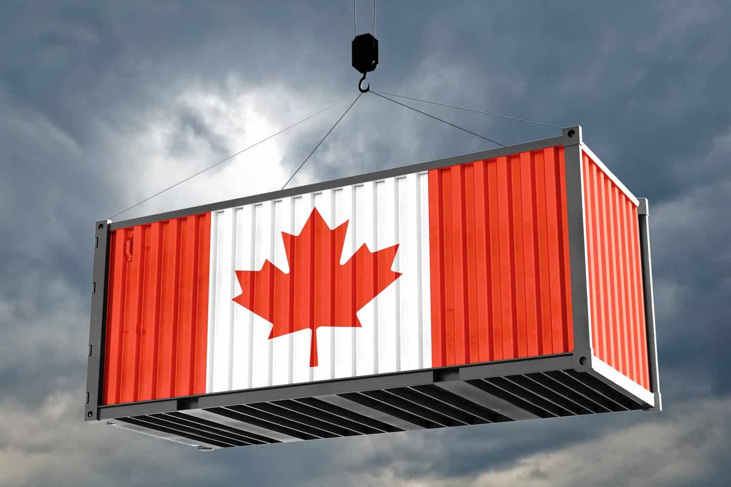 Shipping container hanging with Canada flag against cloud background