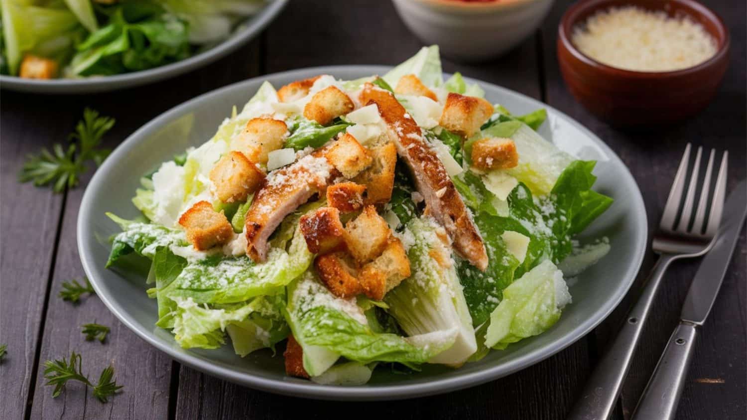 Caesar Chicken Salad: Crisp romaine, grilled chicken, croutons, and Parmesan, tossed in Caesar dressing. A satisfying and flavorful salad.