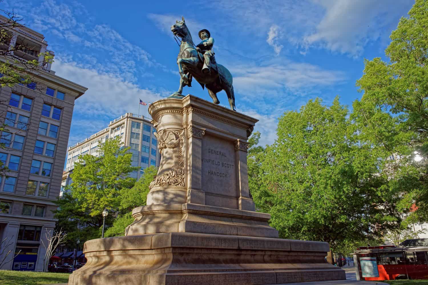 Statue is located in Washington D.C., the United States of America. It is made in honor of general Winfield Scott Hancock by Henry Jackson Ellicott together with architect Paul J. Pelz.