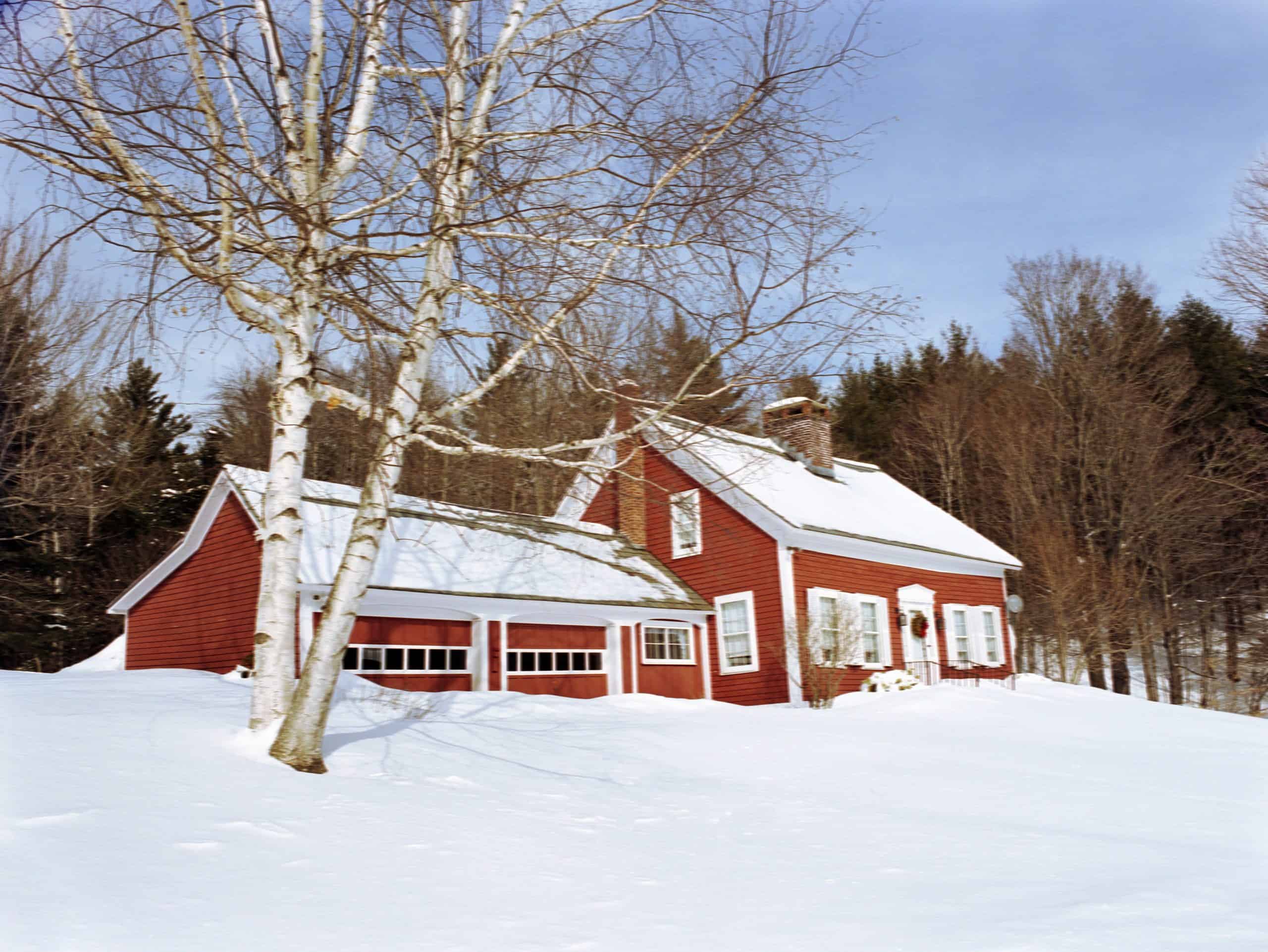 Red home exterior, winter