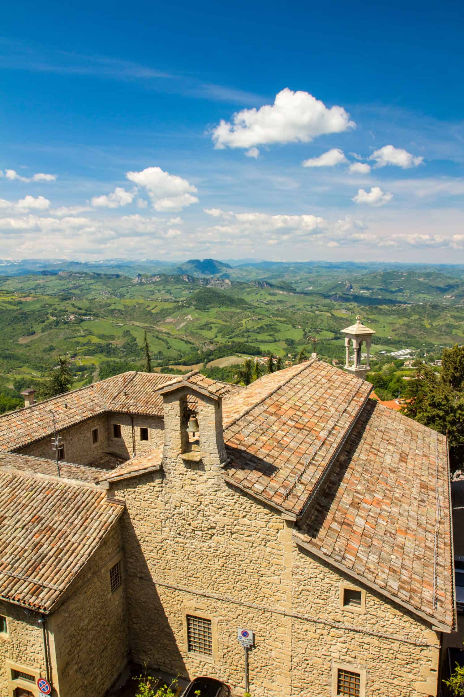 San Marino church with mountains on background