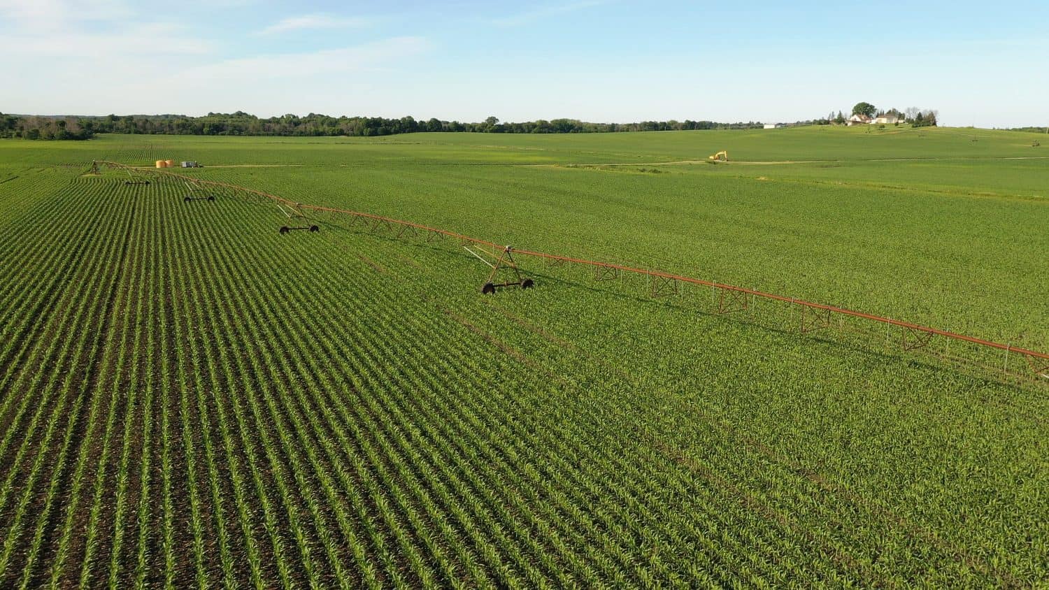 Aerial view of american countryside landscape. Farm, corn field. Rural scenery, farmland. Sunny daytime, spring summer season