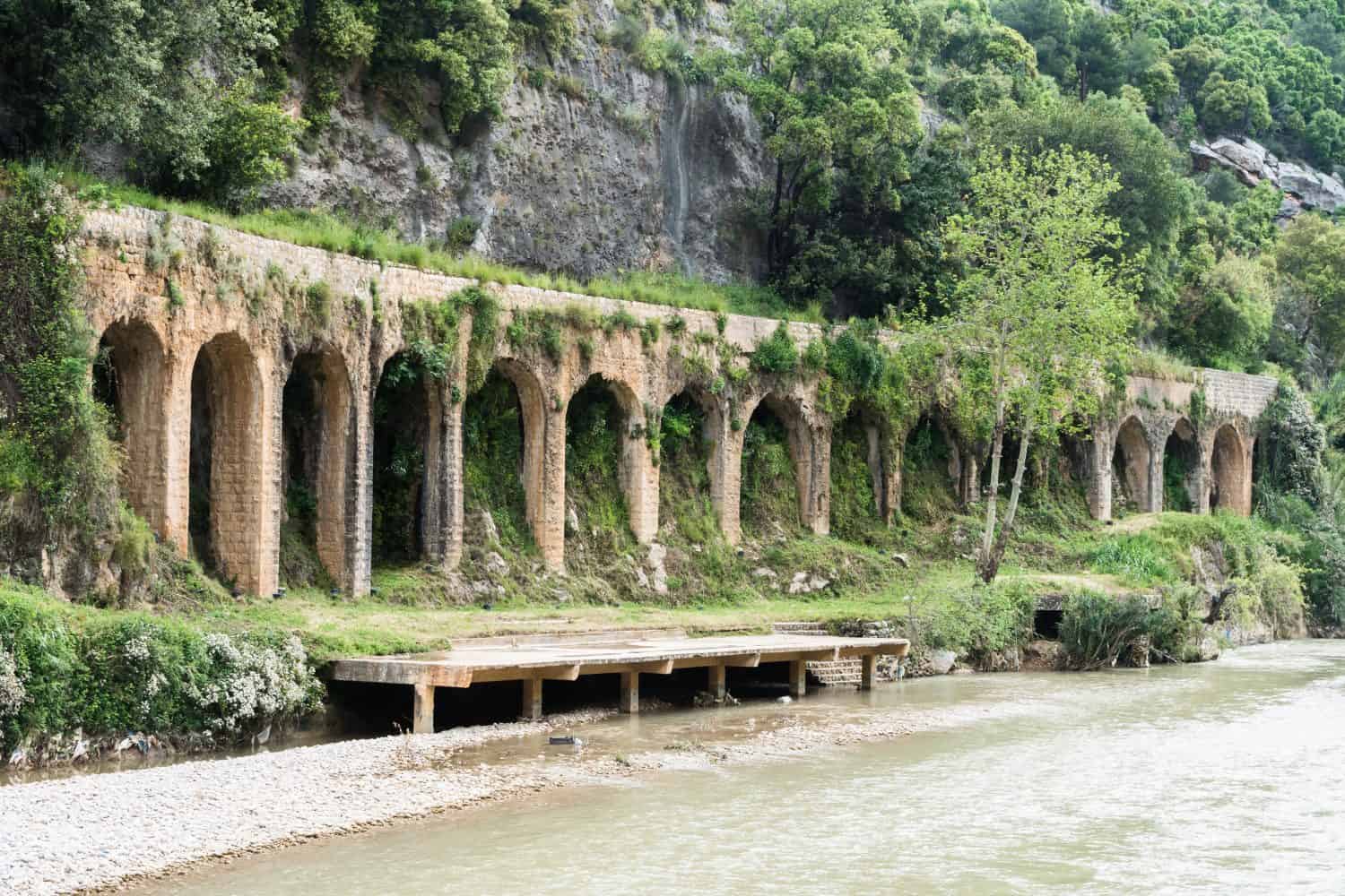 Historical 17-arches Roman aqueduct in Nahr el Kalb, Lebanon