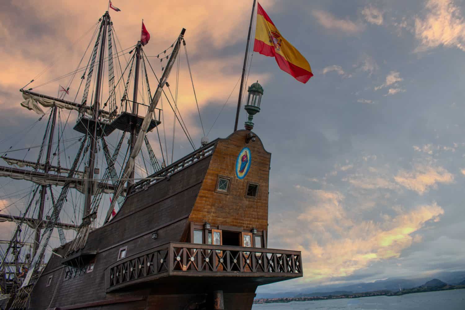 replica of a 16th century Spanish galleon moored in port