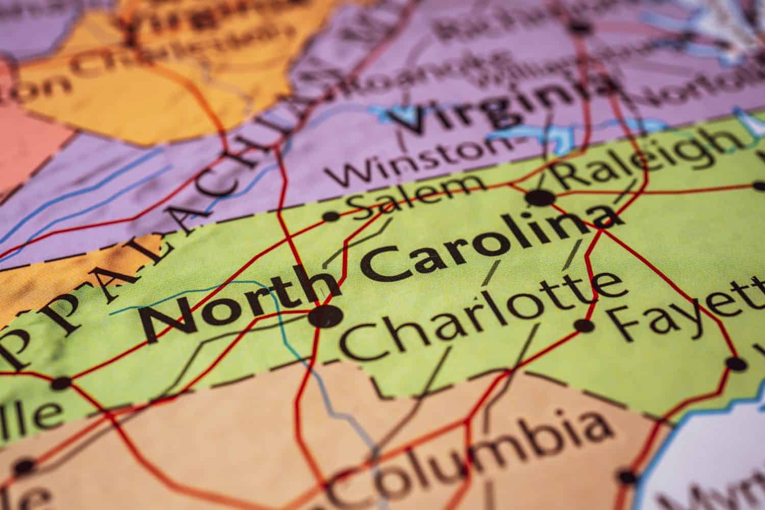 North Carolina on the map of USA