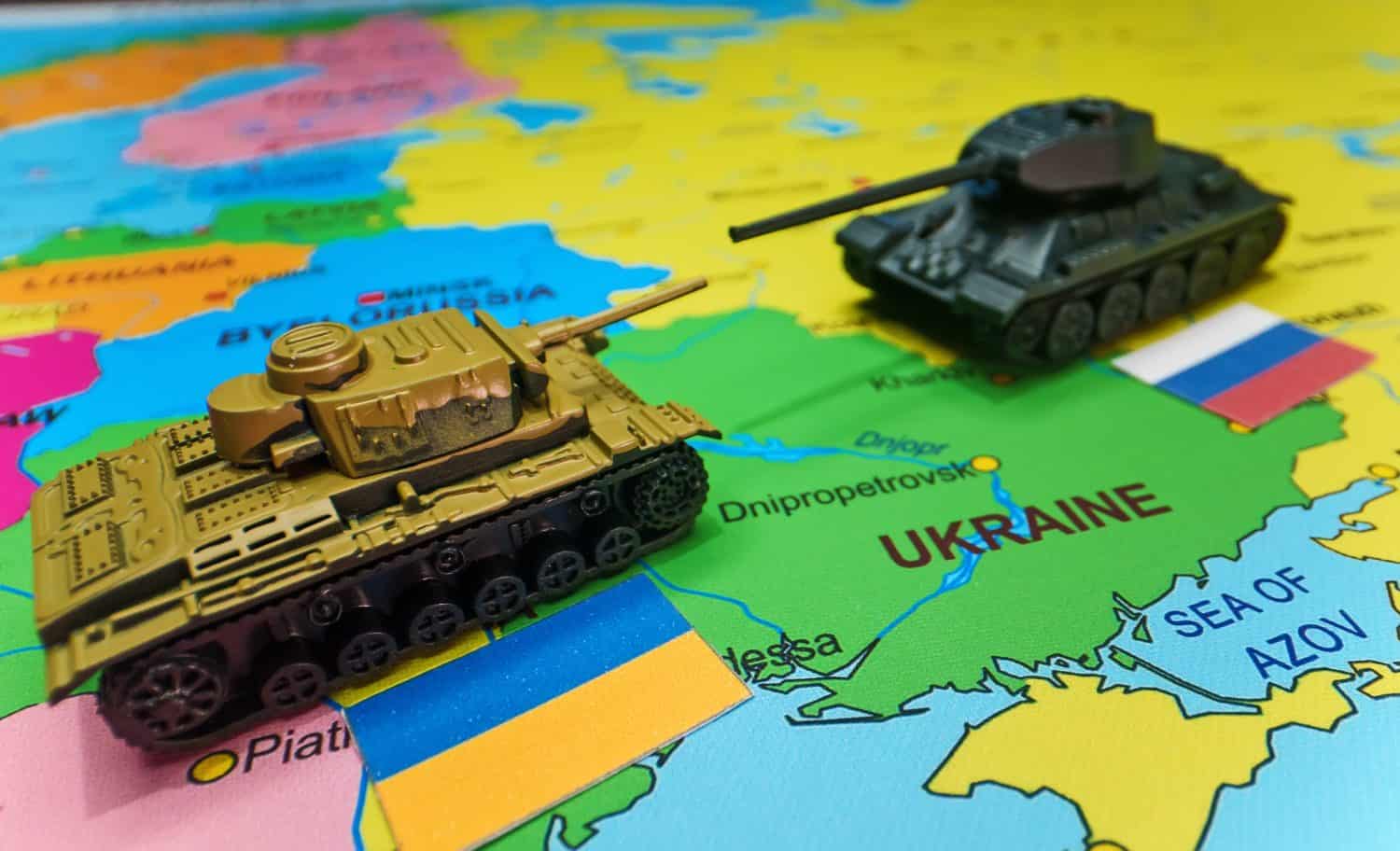 Armed conflict between Russia and Ukraine on the map of Europe.