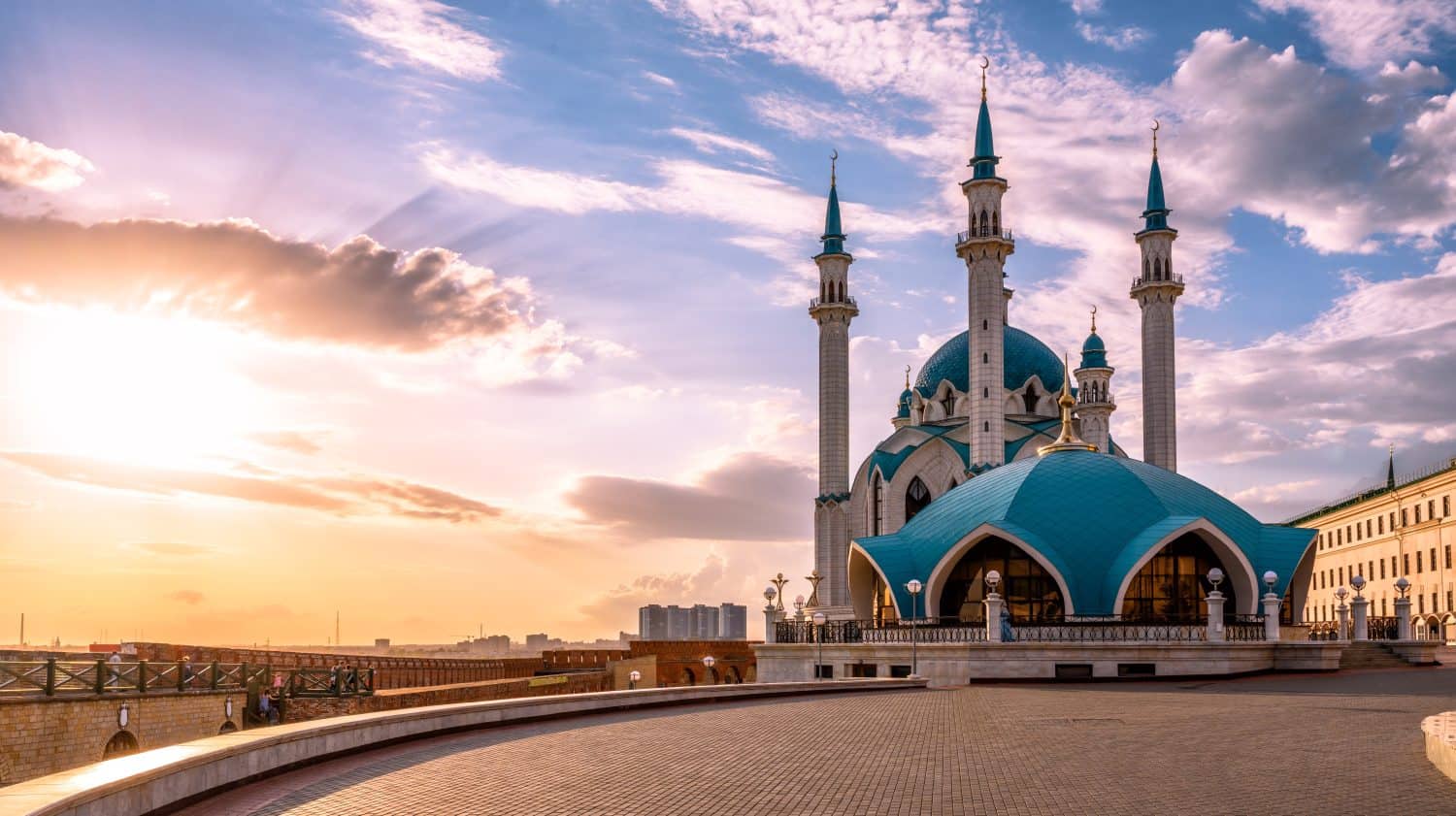 Kazan at sunset, Tatarstan, Russia. Kul Sharif mosque inside Kazan Kremlin, landmark of city in summer. Sunny view of nice Islamic building in Kazan city center. Concept of Russian Muslim culture.