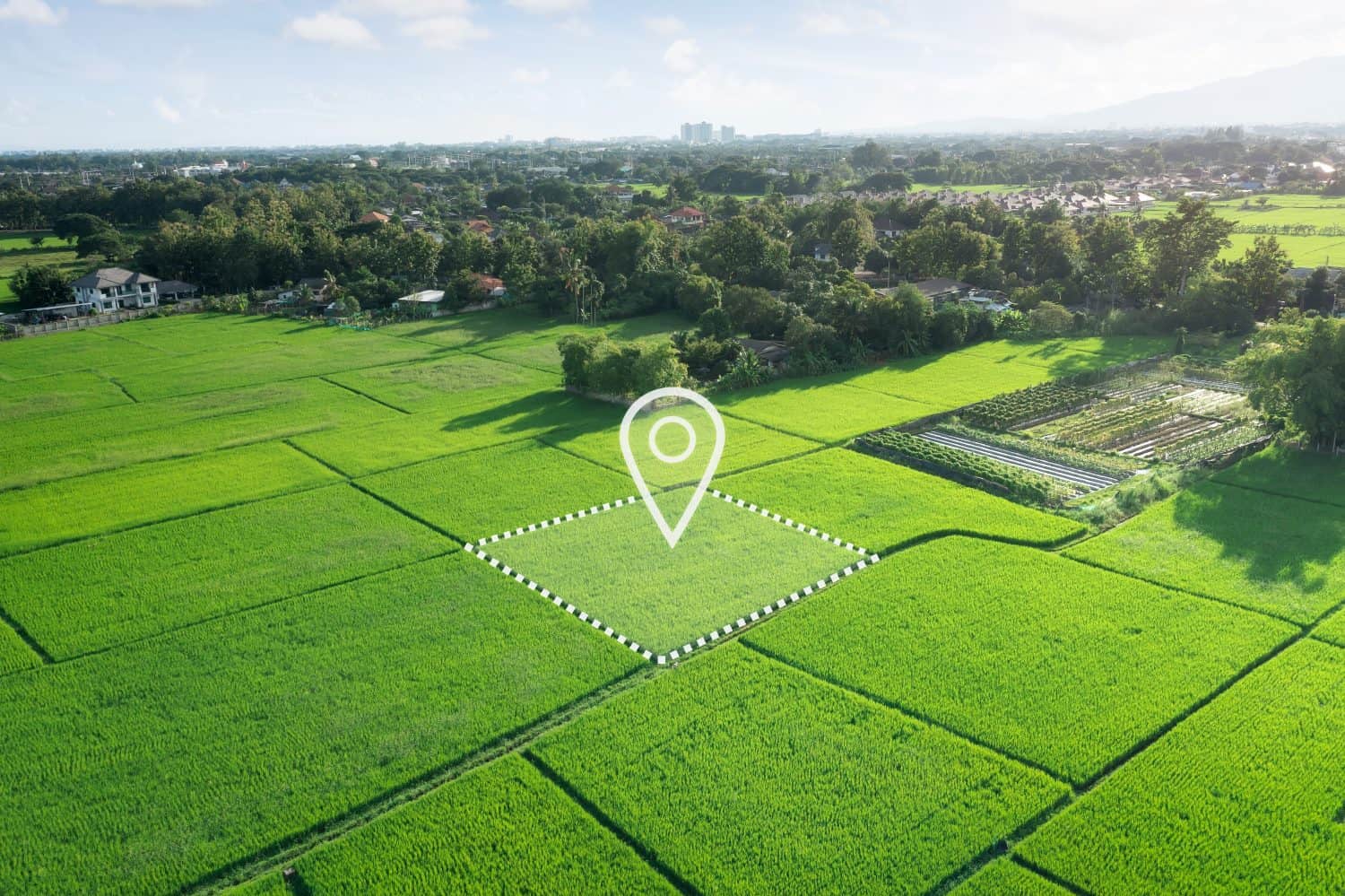 Land plot in aerial view. Identify registration symbol of vacant area for map. That property, real estate for business of home, house or residential i.e. sale, rent, buy, purchase or investment.