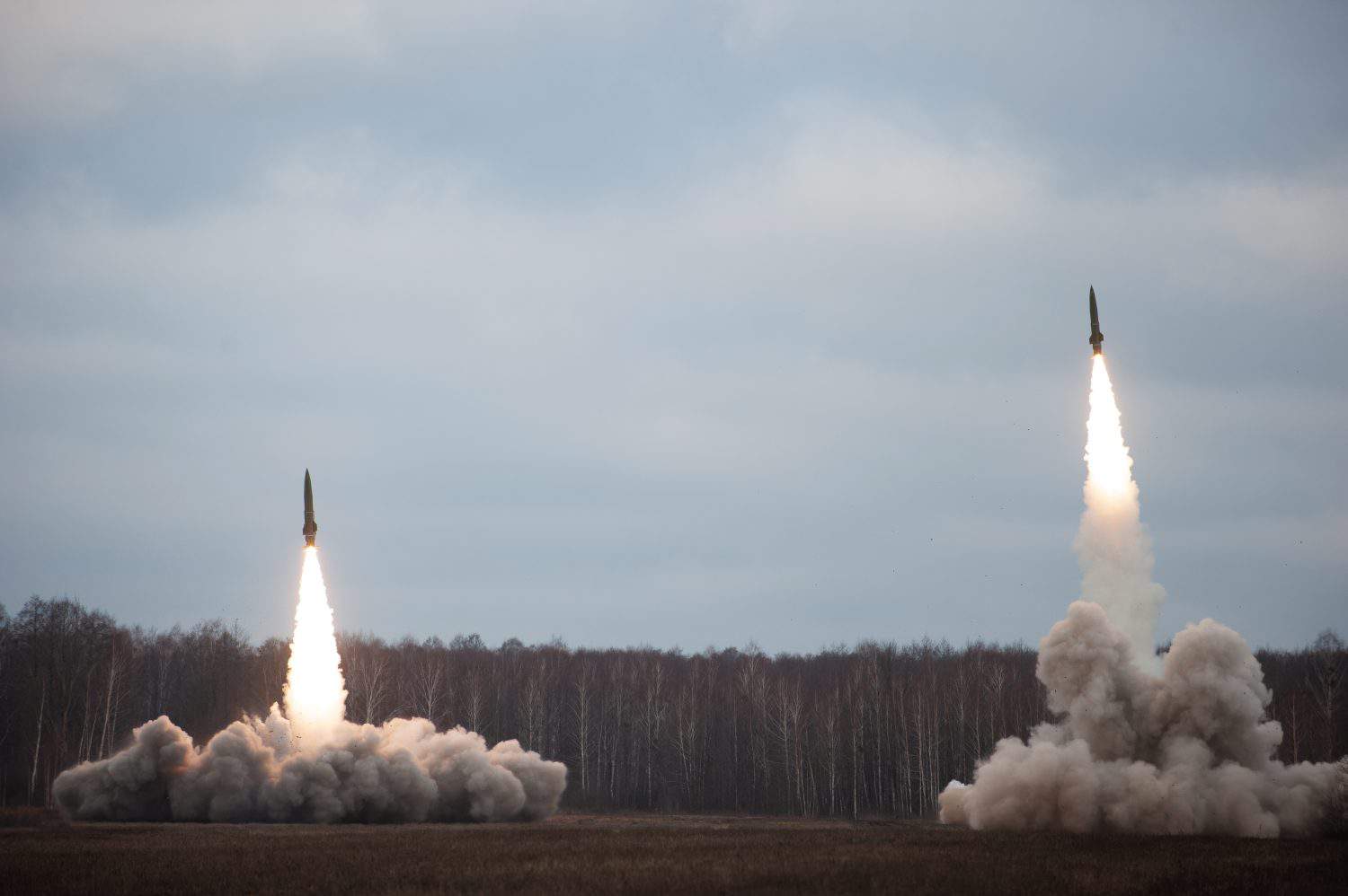 Launch of military missiles (rocket artillery) at the firing field during military exercise