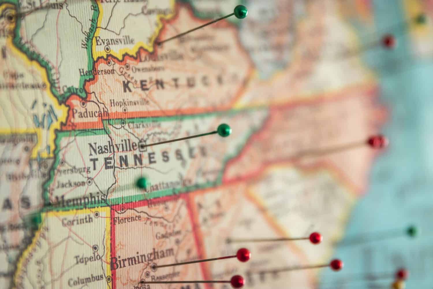 State Map of Nashville, Tennessee, United States, with Travel Pins