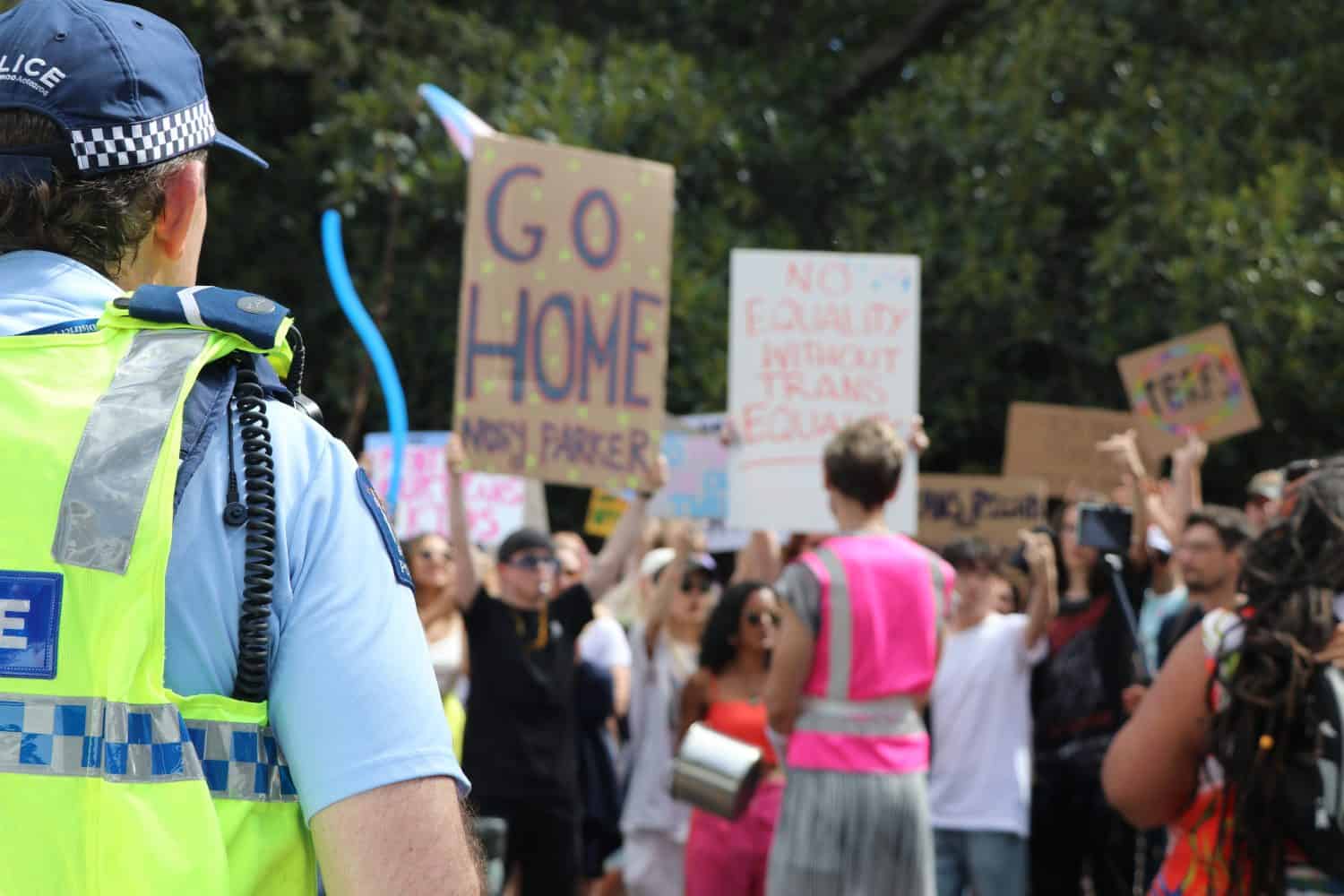 A counter protest to anti-transgender advocate Posie Parker.