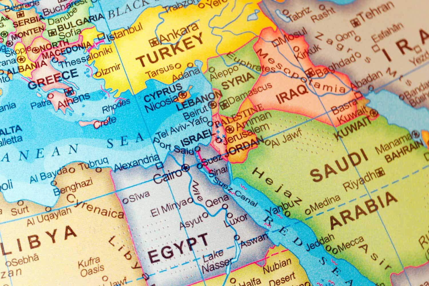 world map of middle east countries Israel, Palestine, Jordan, Iraq, Egypt, Saudi Arabia, Syria, Lebanon, Sinai, Jerusalem, Tel Aviv in close up focus.