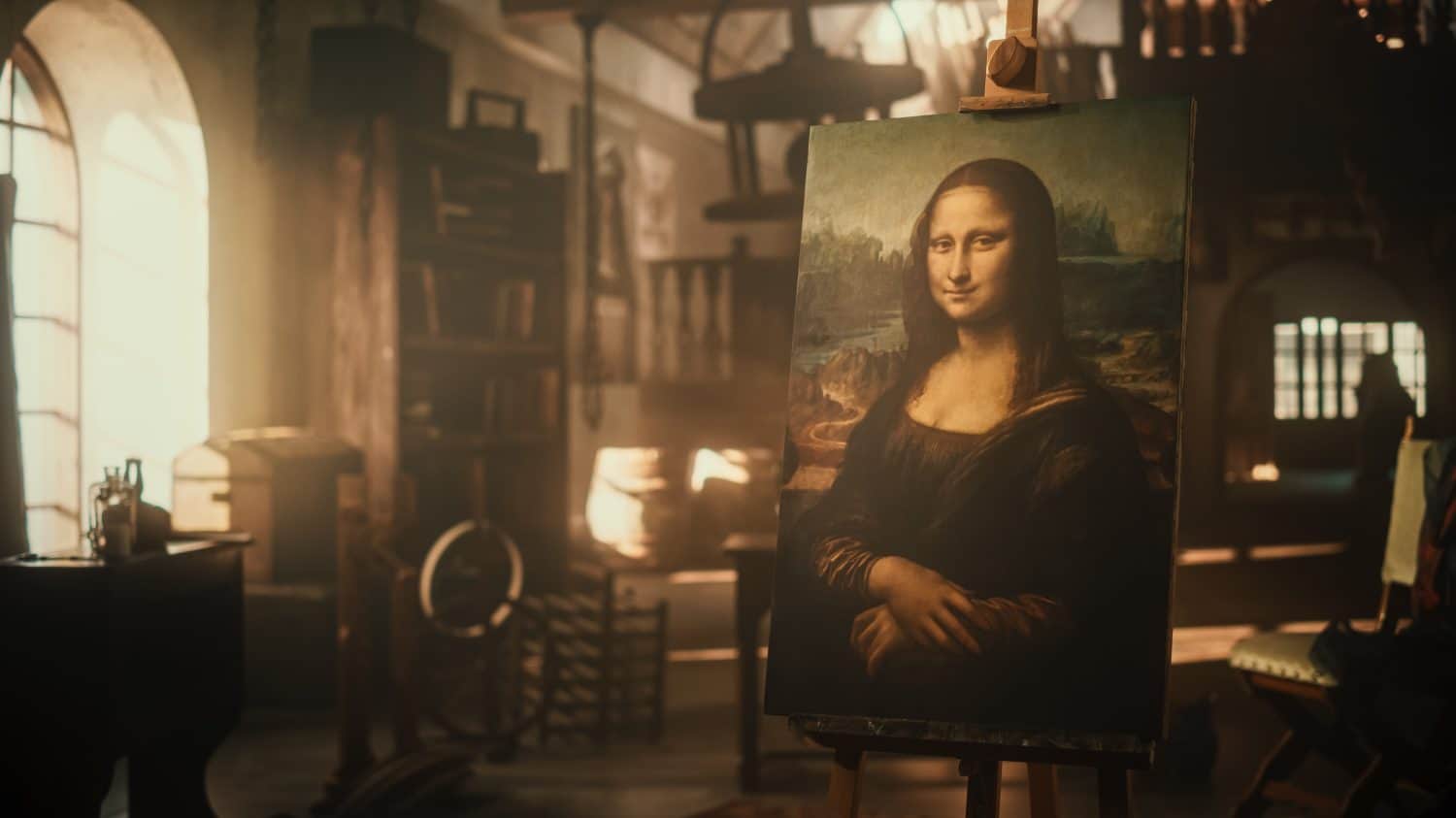 Eternal Beauty Captured on Canvas in Renaissance Art Workshop: The Famous Painting of the Mona Lisa Resting on a Wooden Easel in an Old Antique Studio. High Art and Genius Talent Concept