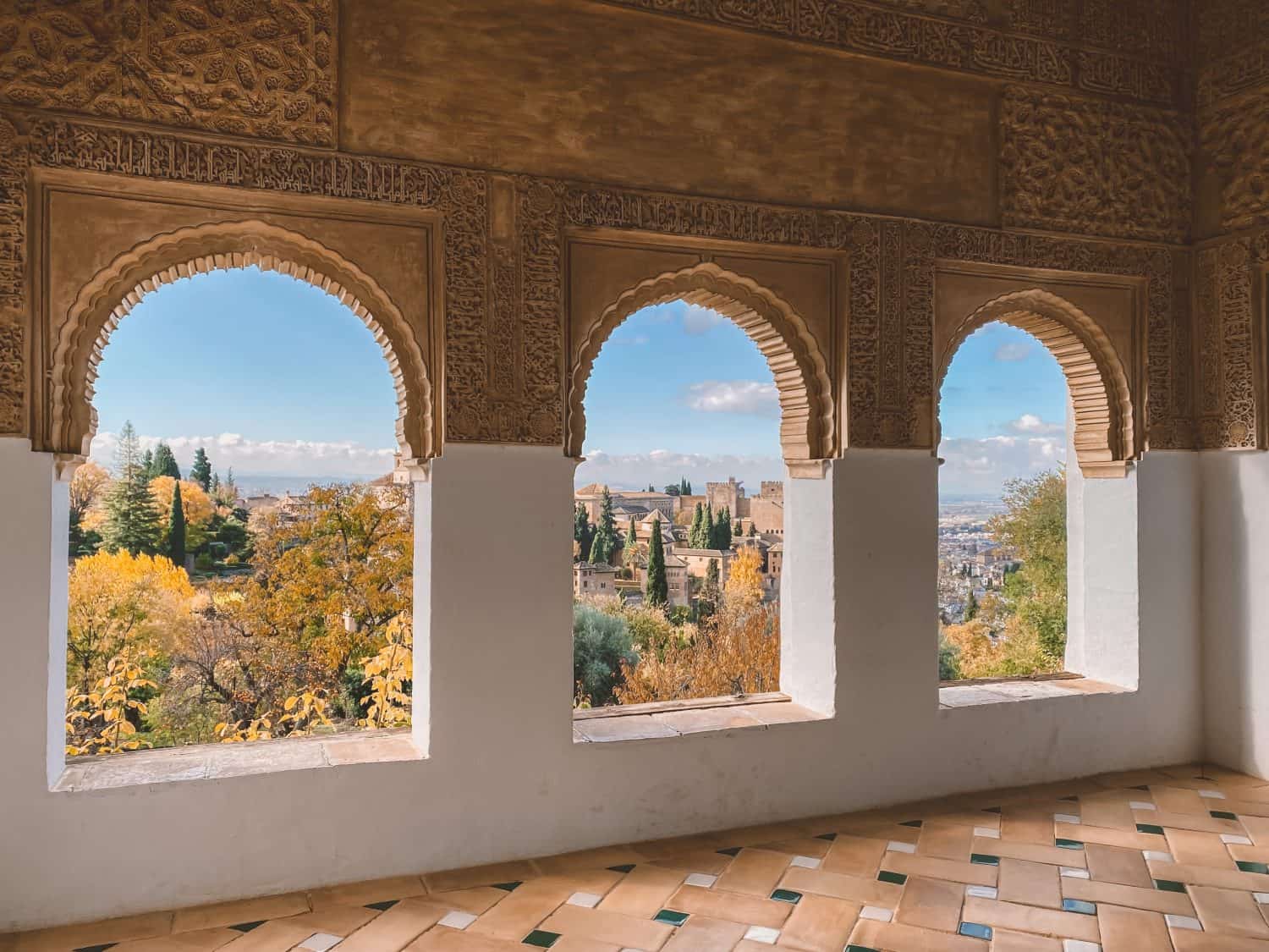 Architecture or design interior of Alhambra in Granada, Spain. That includes Nasrid Palaces, Partal Palace, Comares Palace, Palace of the Lions