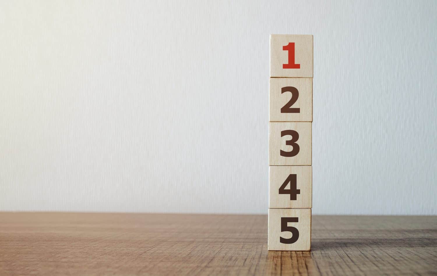 wooden cube with number 1 on wood cube stack alphabet 2 3 4 5 on wood table. Arrange to do list, Task priority, management and business important planning concept.