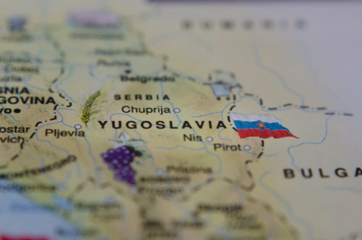 map of yugoslavia with its flag next to it, close up and horizontal shot and grapes next to it marking its production