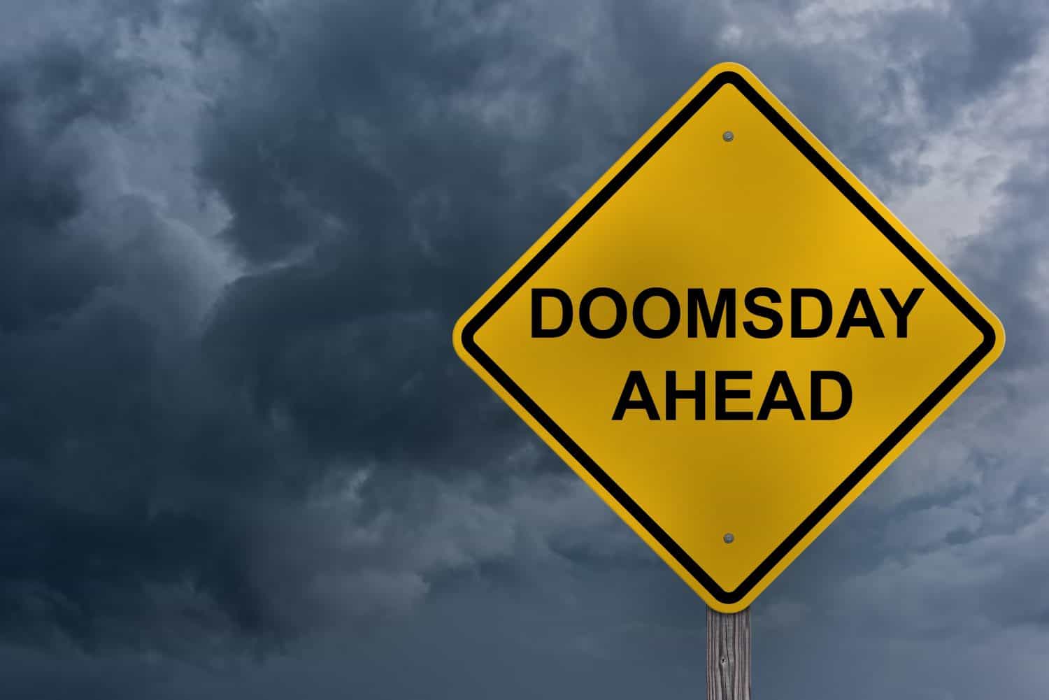 Doomsday Ahead Caution Sign Stormy Sky Background