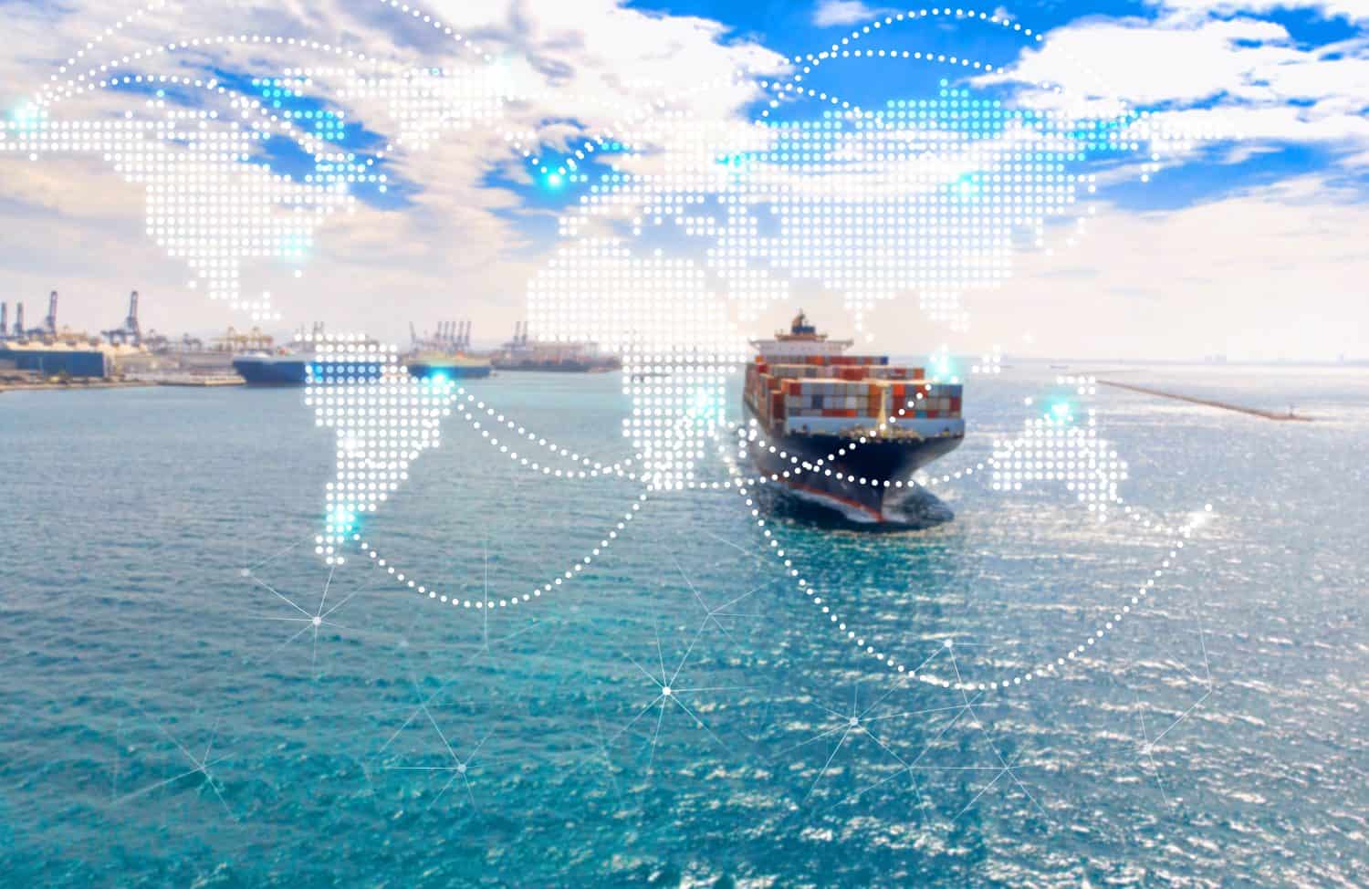 A large container ship moves through sparkling blue waters under a clear sky, signifying global trade and transportation, blurred of background, copy space for text.