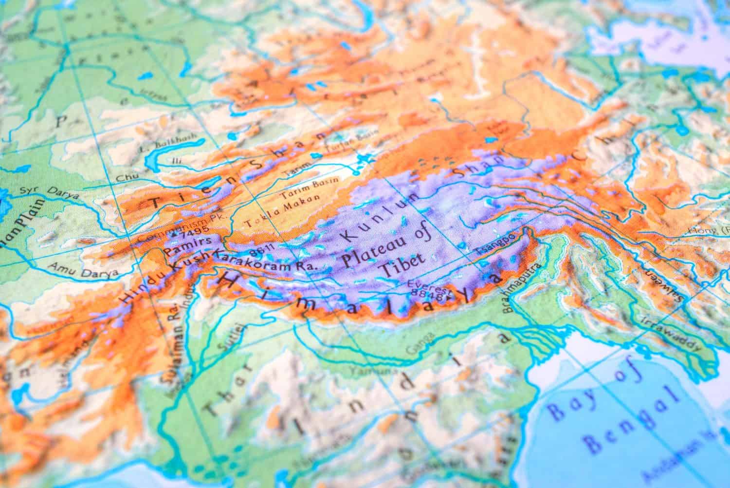 Map of the Plateau of Tibet, world tourism, travel destination, world travel and economy