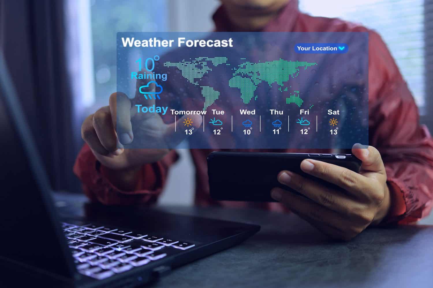 Man wearing rain coat using application on smartphone to weather forecast before going out home warning people weather report to prepare losses from natural disaster