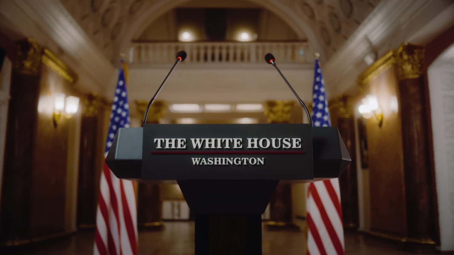 Wooden conference debate stand with microphones. Tribune for US President or congressman political speech in the White House. American flags in the background. Press campaign concept. Dolly Shot.