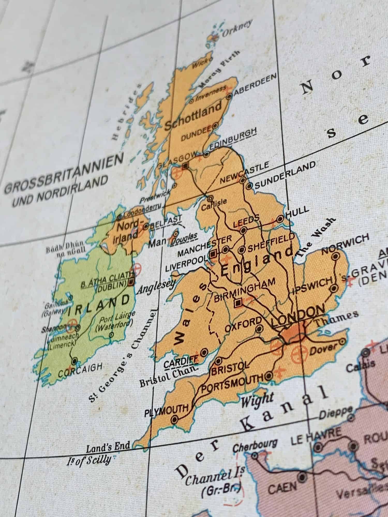 Map depicts UK Ireland, UK includes England, Scotland, Wales, Northern Ireland. Ireland stands to the west.