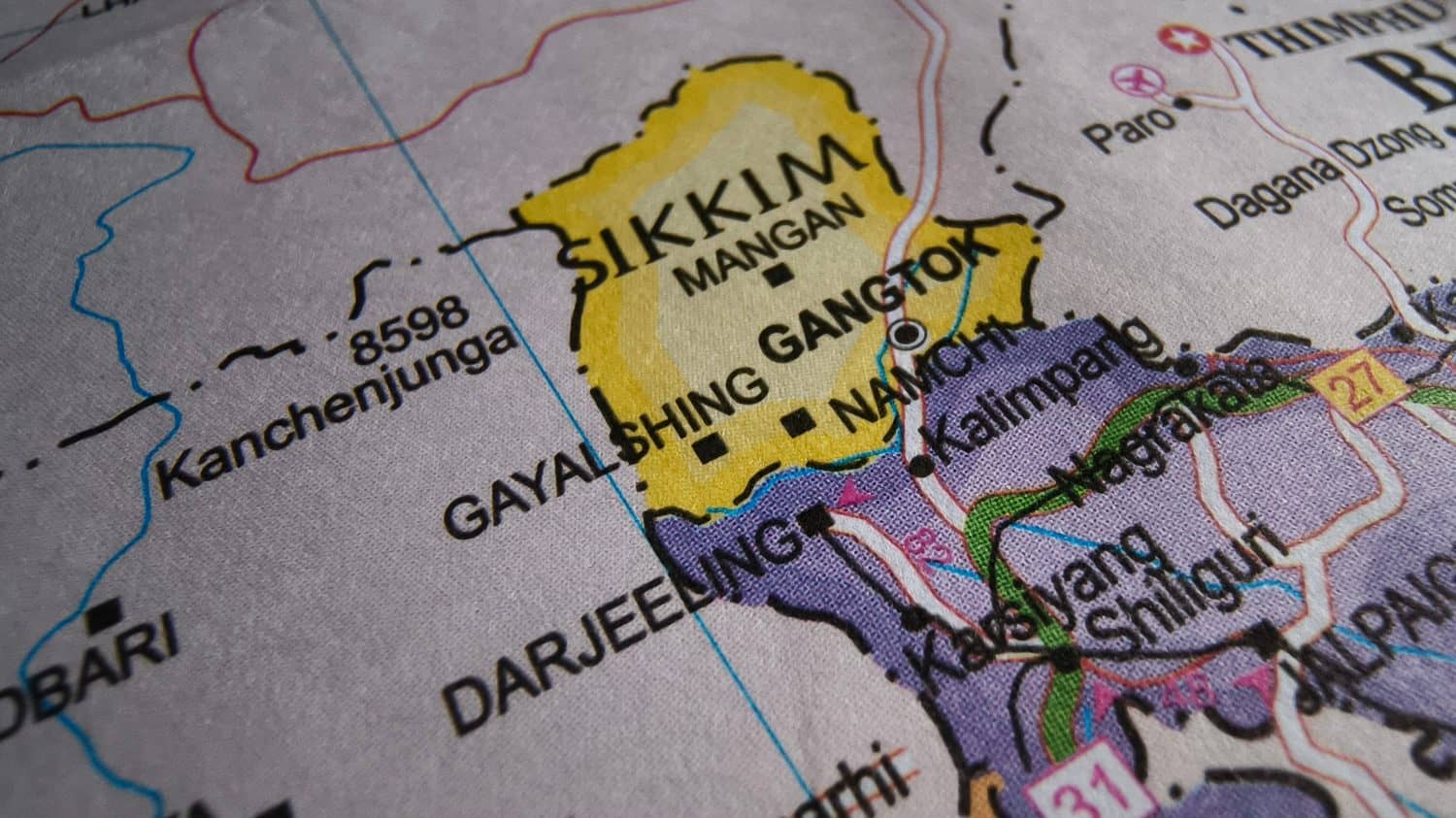 Closeup of Sikkim in sharp focus on Indian political map. Political map of India. Indian city map.