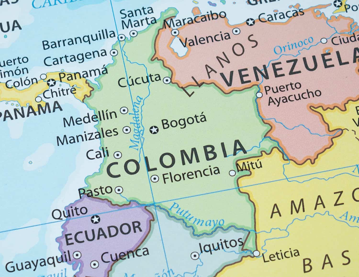 Close up to a Colombia political map with country frontiers and most importants cities