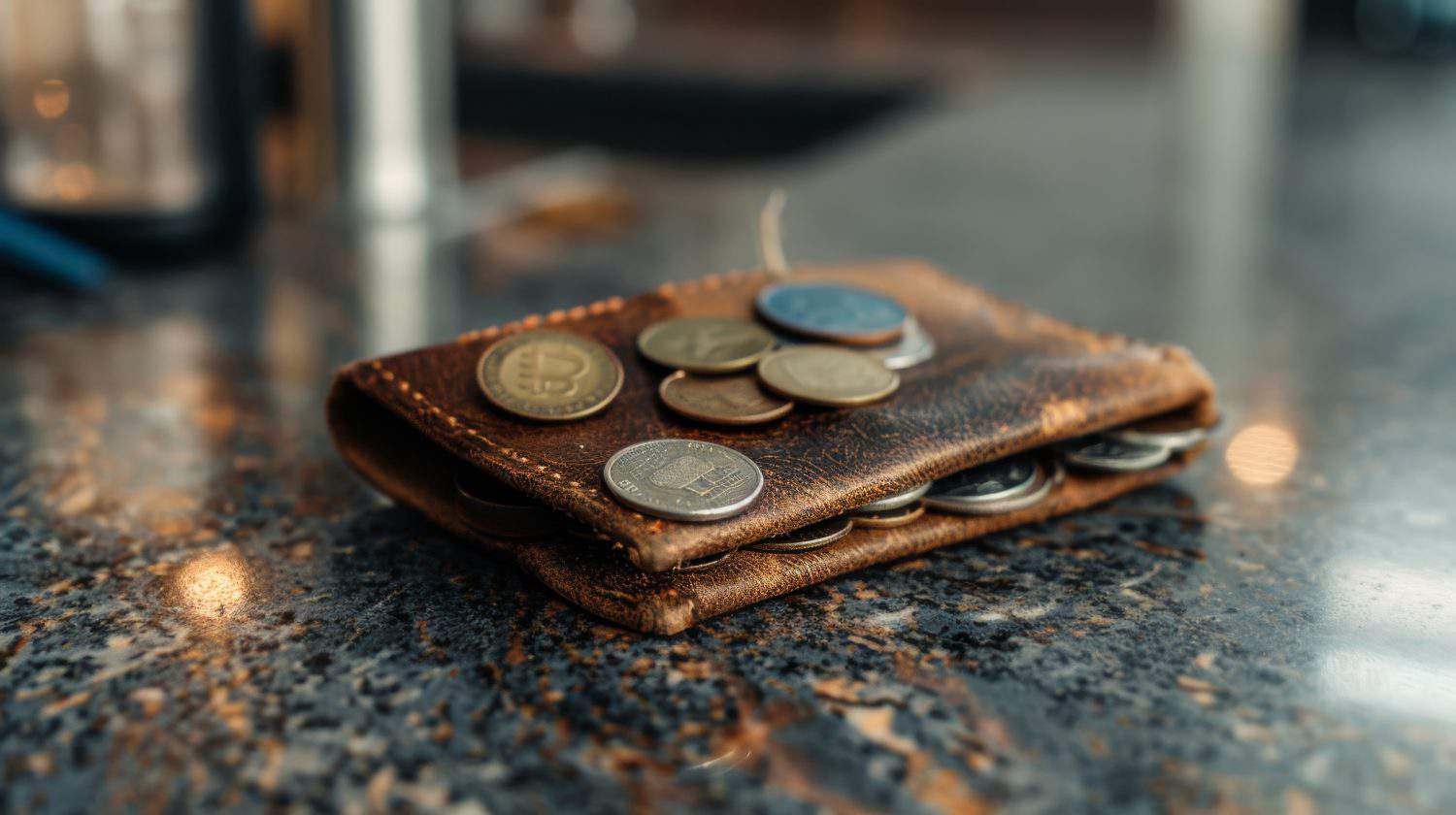 Leather wallet overflowing with coins on a clean, minimalist kitchen counter. Coins spilling from a leather wallet on a minimalist kitchen surface.