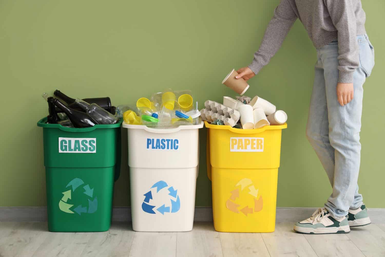 Woman putting garbage into full trash bins with different types of waste near green wall. Recycling concept