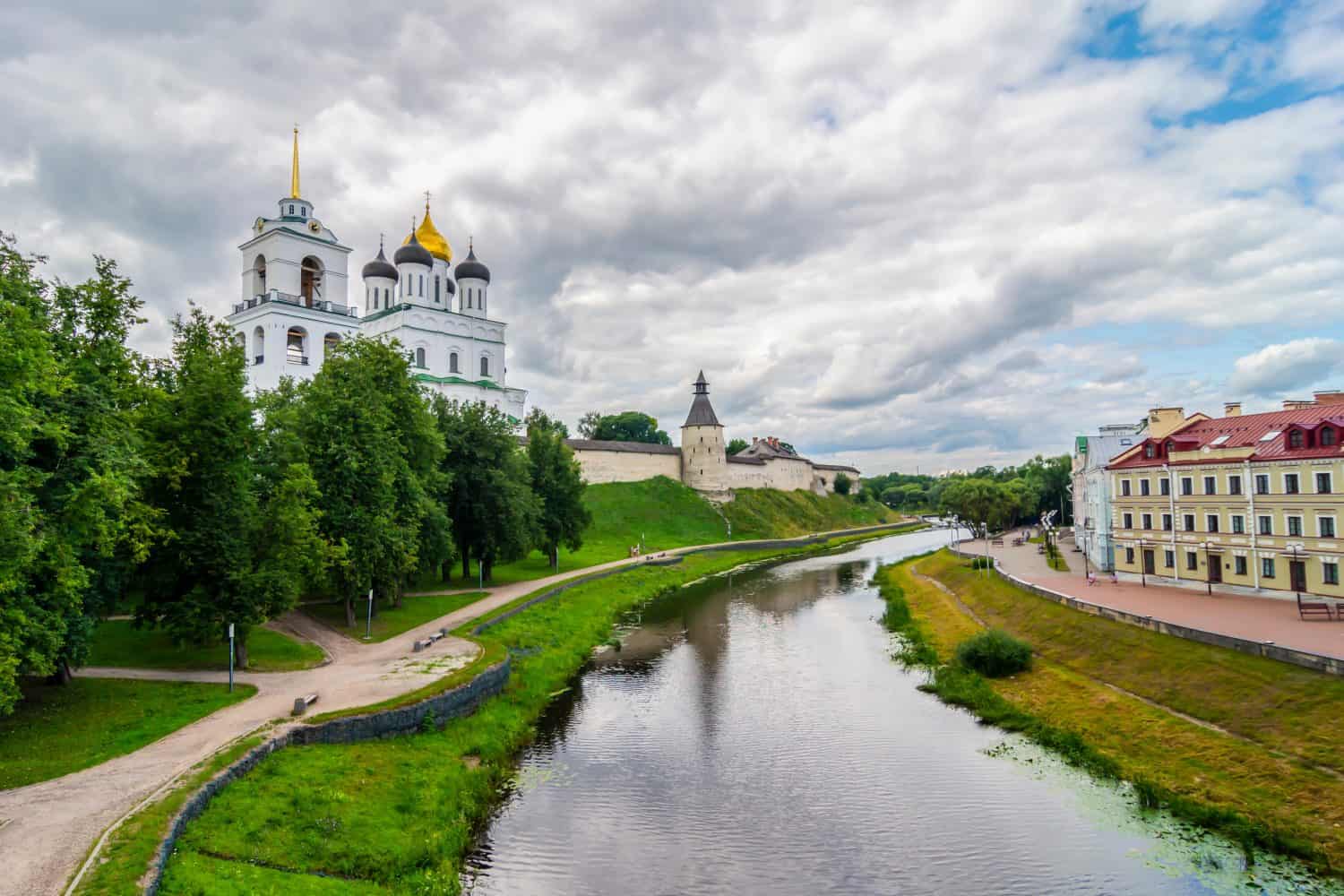 View of the Pskov Kremlin (Krom) and the confluence of the rivers Pskov and Velikaya, Pskov, Russia