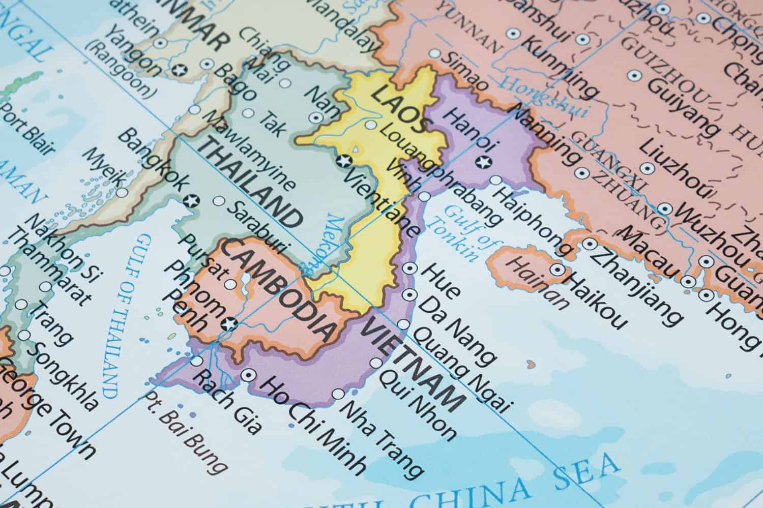 Close up to a Vietnam political map with country frontiers and most importants cities