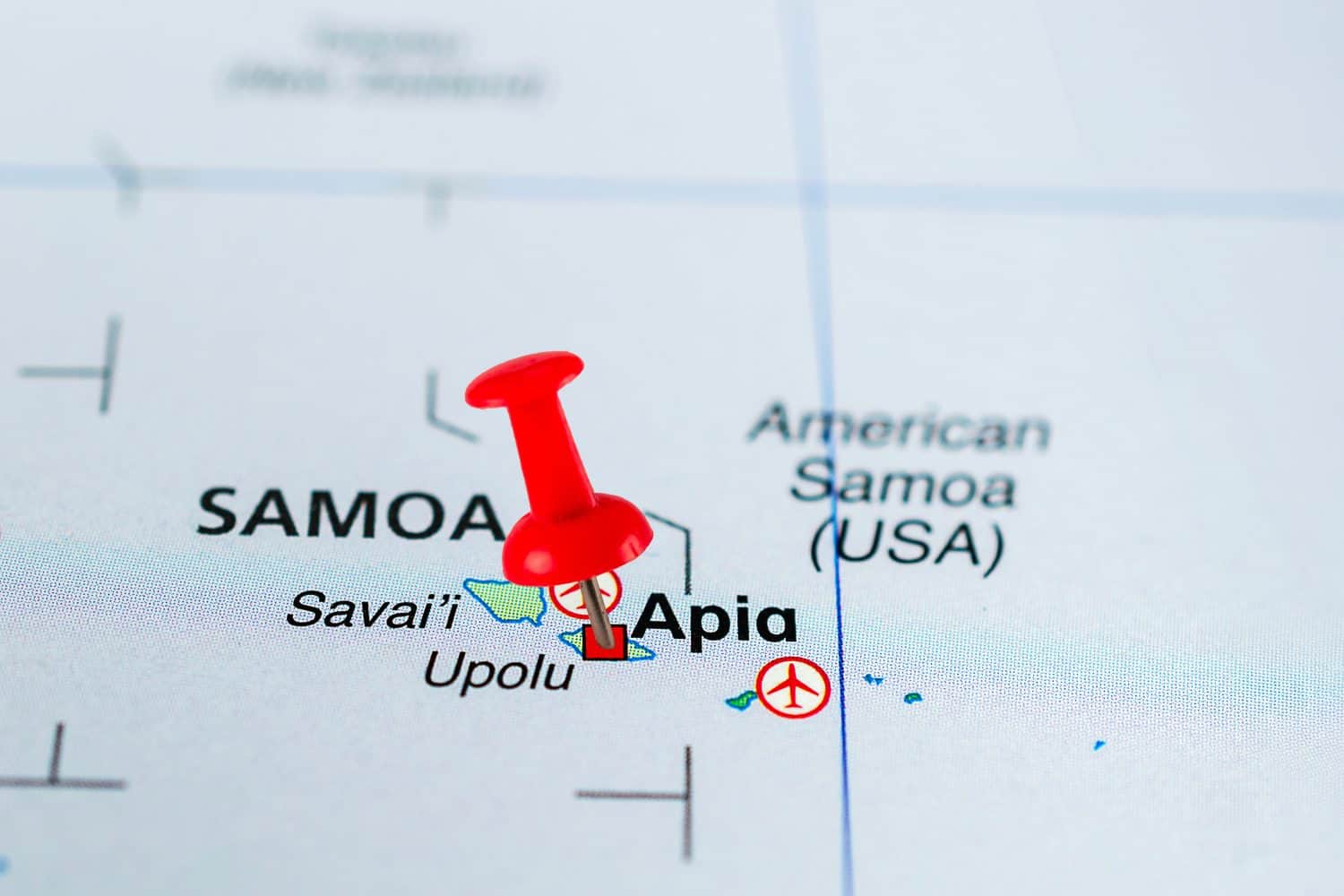 Apia pin on the map, Samoa. Close up of Apia map with red pin.