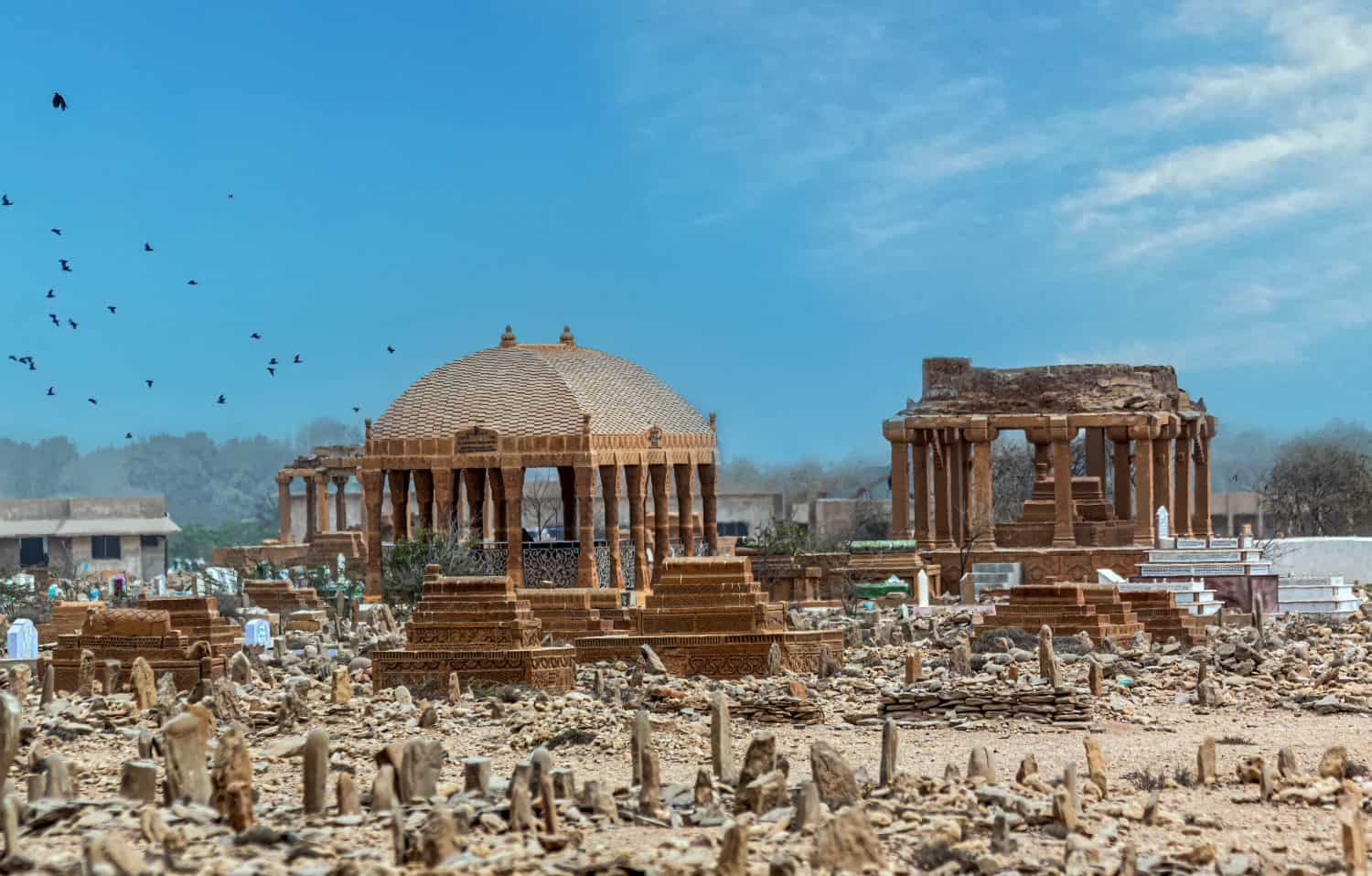 The Chaukhandi tombs form an early Islamic cemetery situated 29 km east of Karachi, Sindh province of Pakistan. The tombs are notable for their elaborate sandstone carvings.