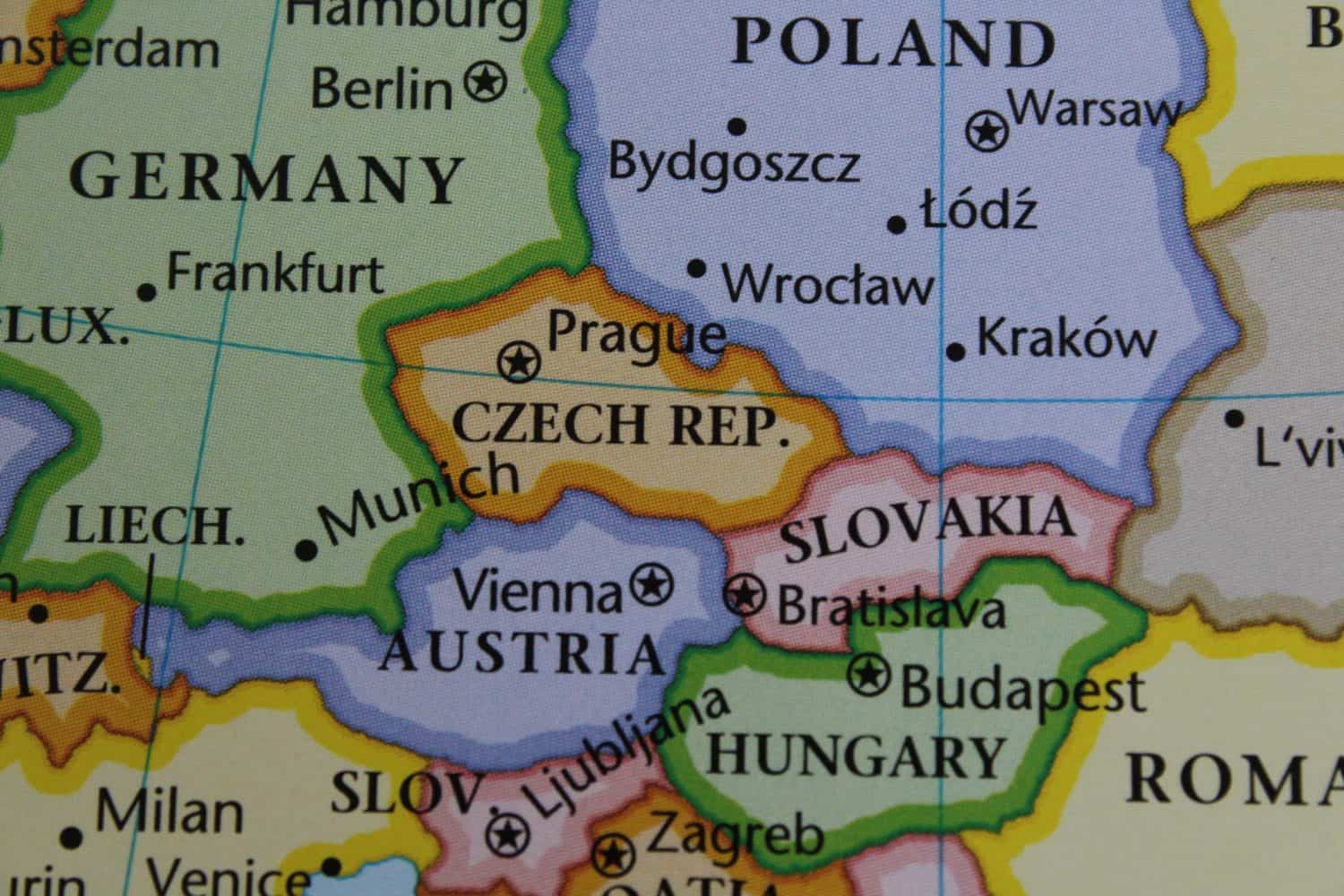 close up of the country of Czech republic viewed on a wold map as a travel concept. Czech republic on a map