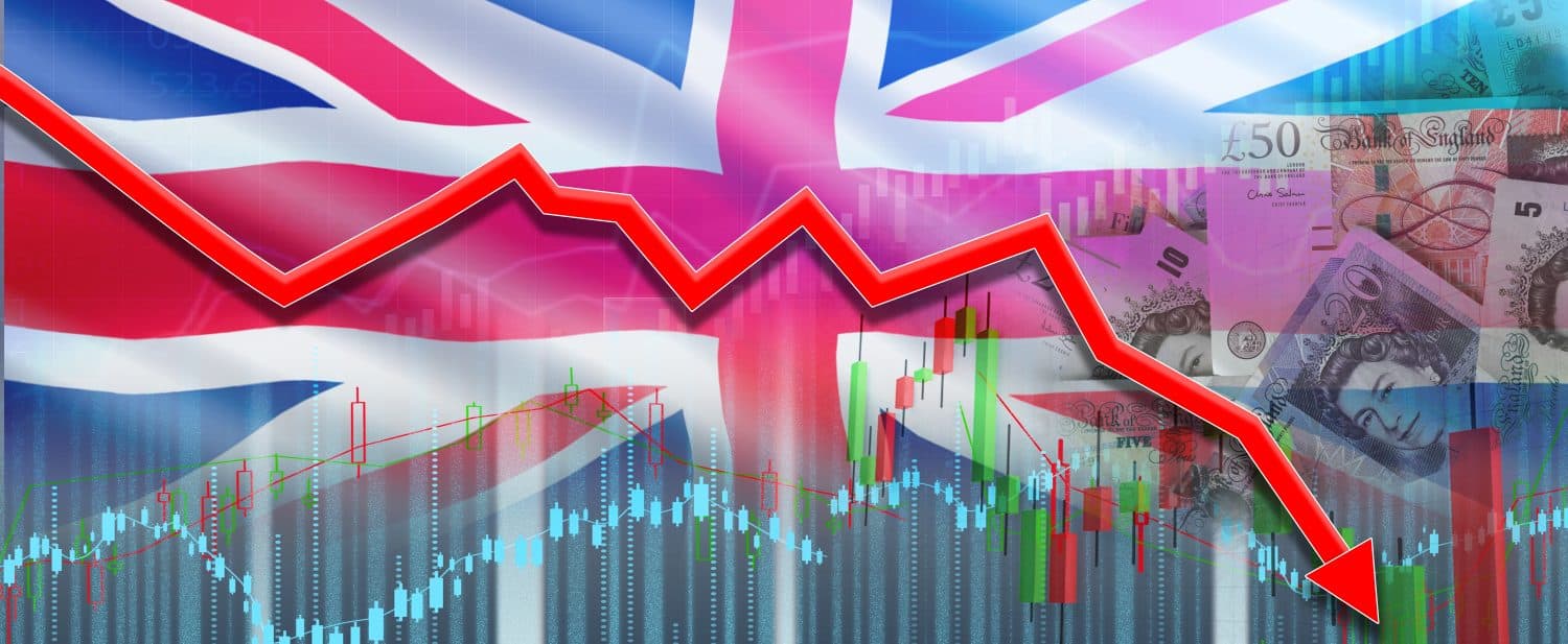 UK financial crisis on economic graph, economic collapse. Financial fall of United Kingdom economy on financial graph