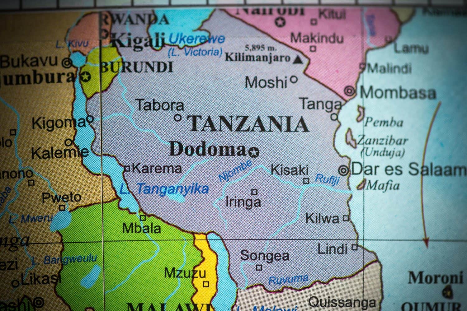 Map view of Tanzania on a geographical globe. (vignette)
