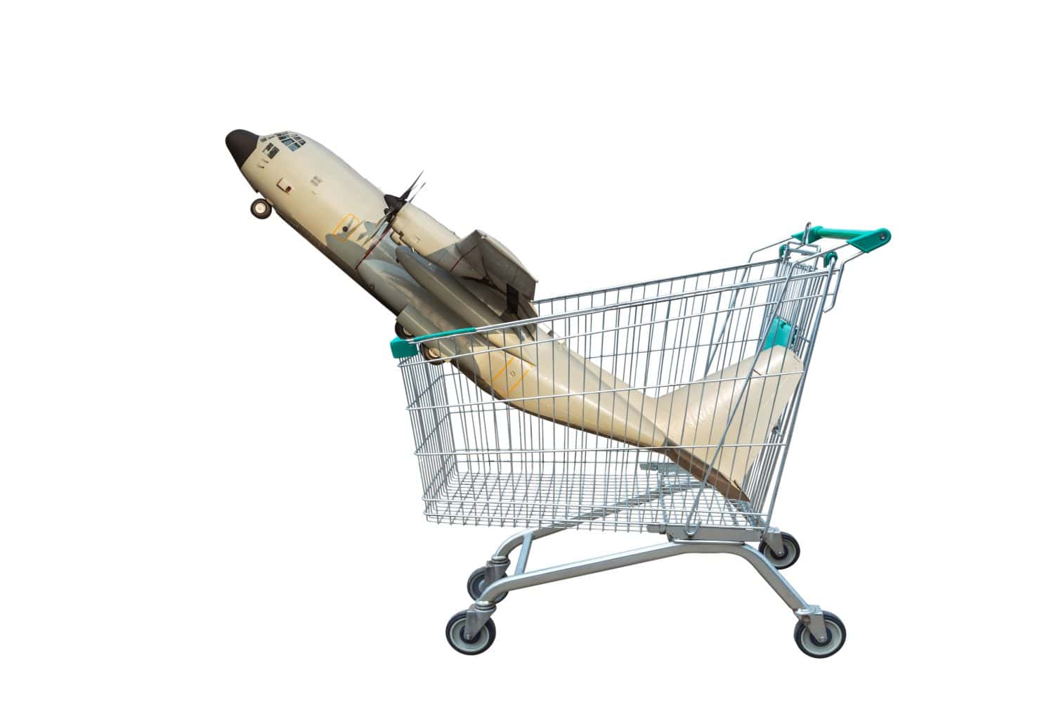 cargo aircraft in shopping trolley isolated on white background.