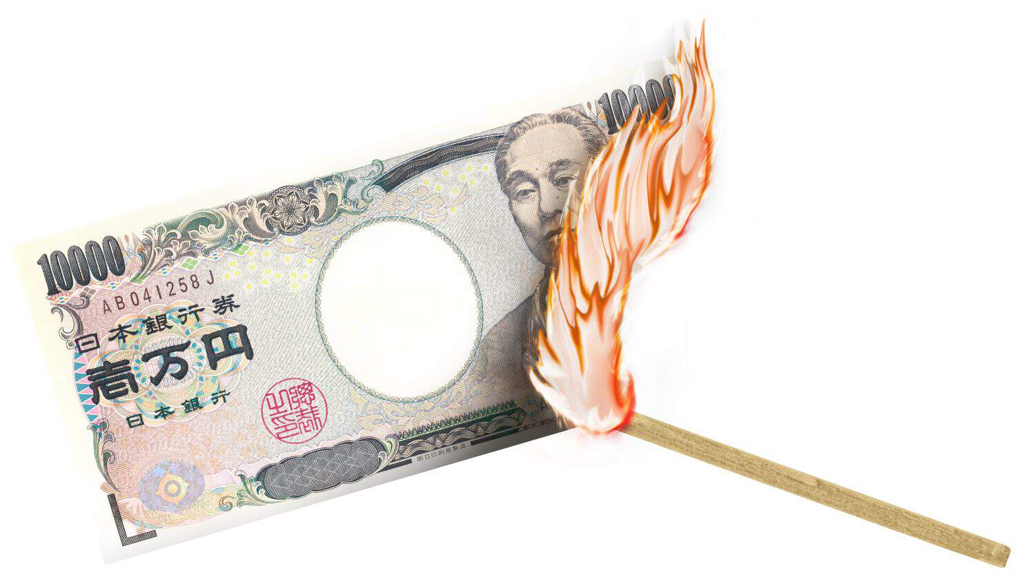 A banknote being burned by a match with burning in a big flame.