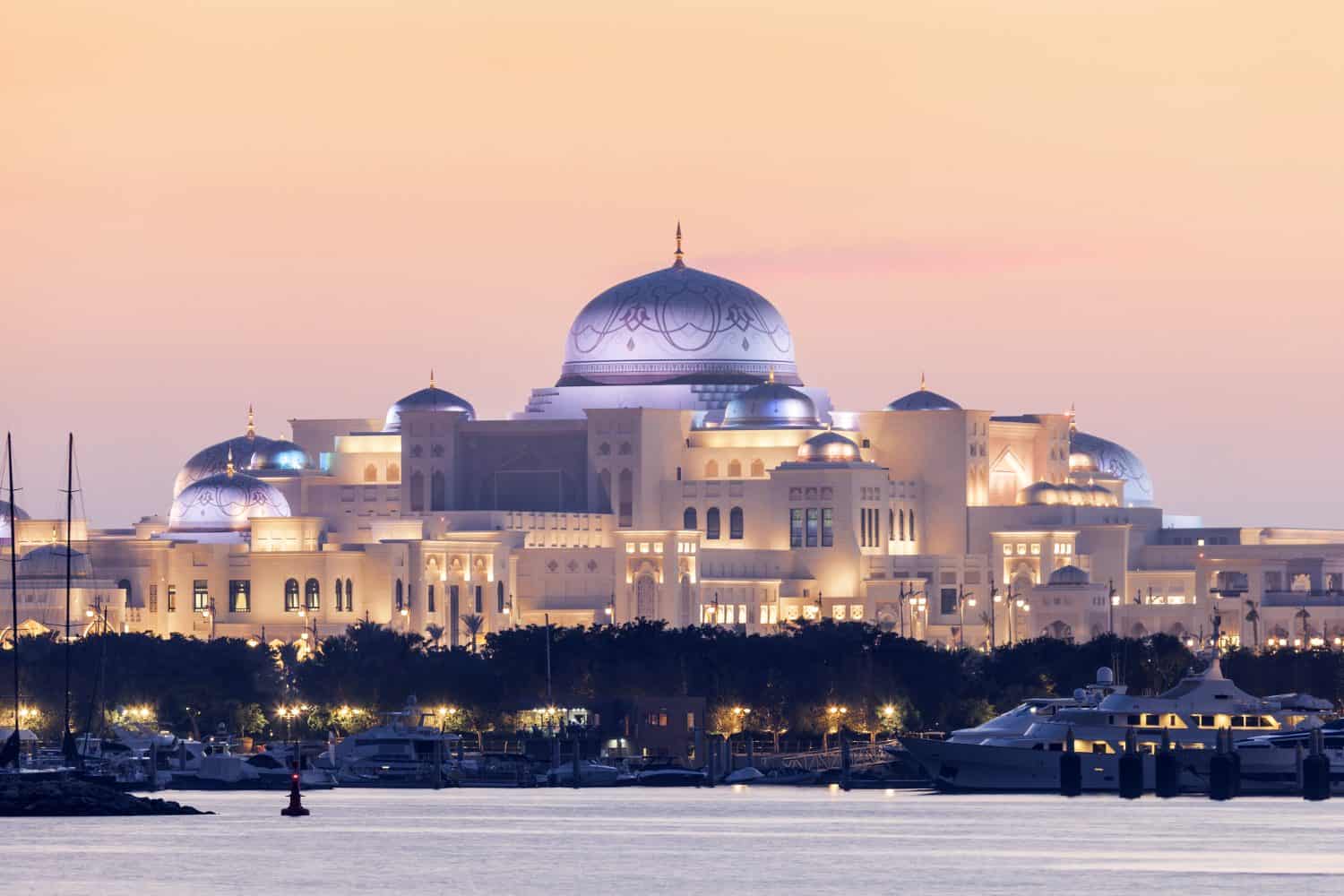 New Presidential Palace illuminated at night. Abu Dhabi, United Arab Emirates