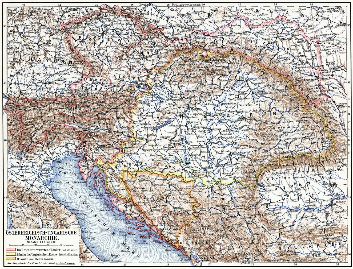 Map of Austro-Hungarian monarchy. Publication of the book "Meyers Konversations-Lexikon", Volume 7, Leipzig, Germany, 1910