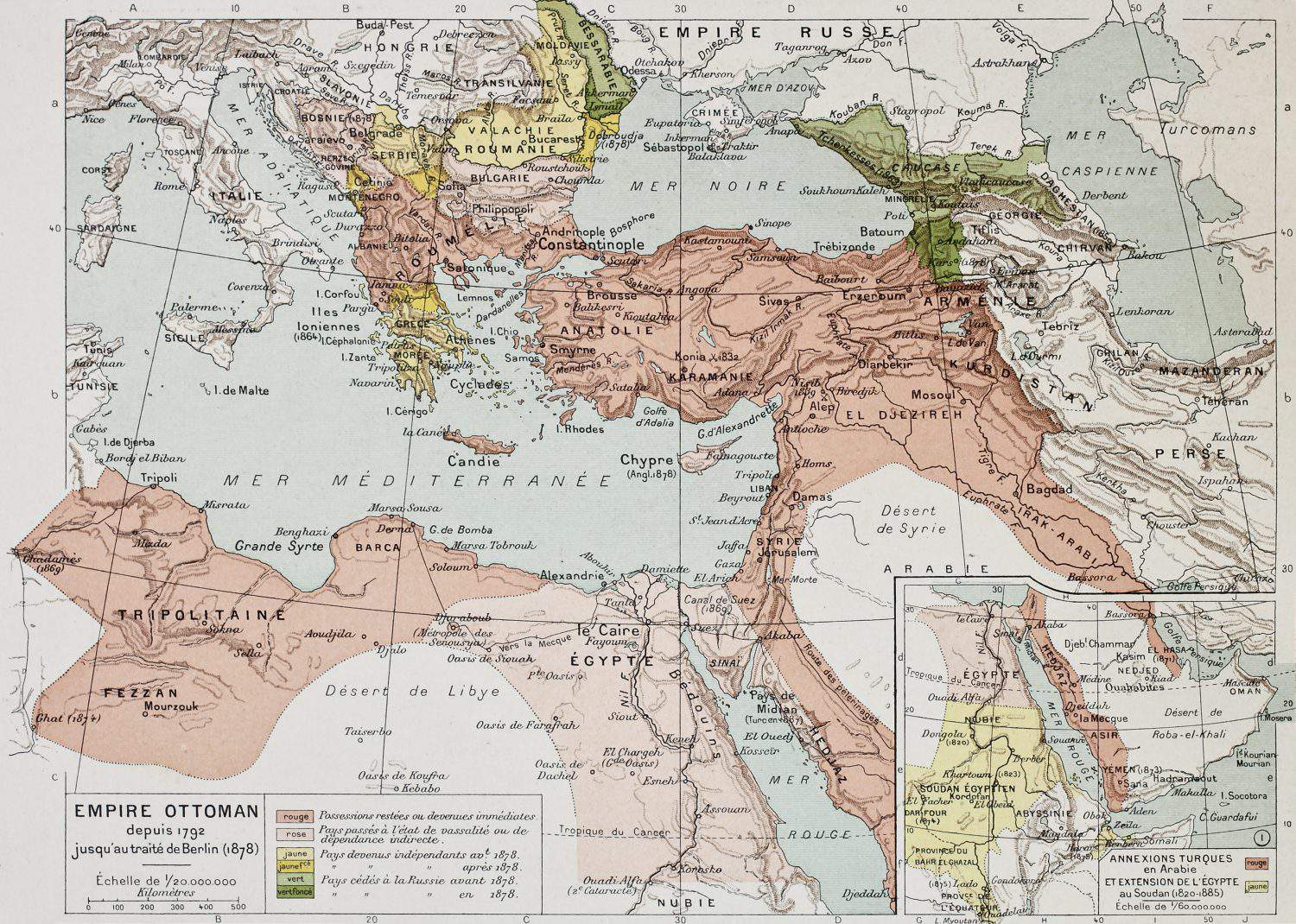 Ottoman Empire historical development old map (between 1792 and 1878). By Paul Vidal de Lablache, Atlas Classique, Librerie Colin, Paris, 1894