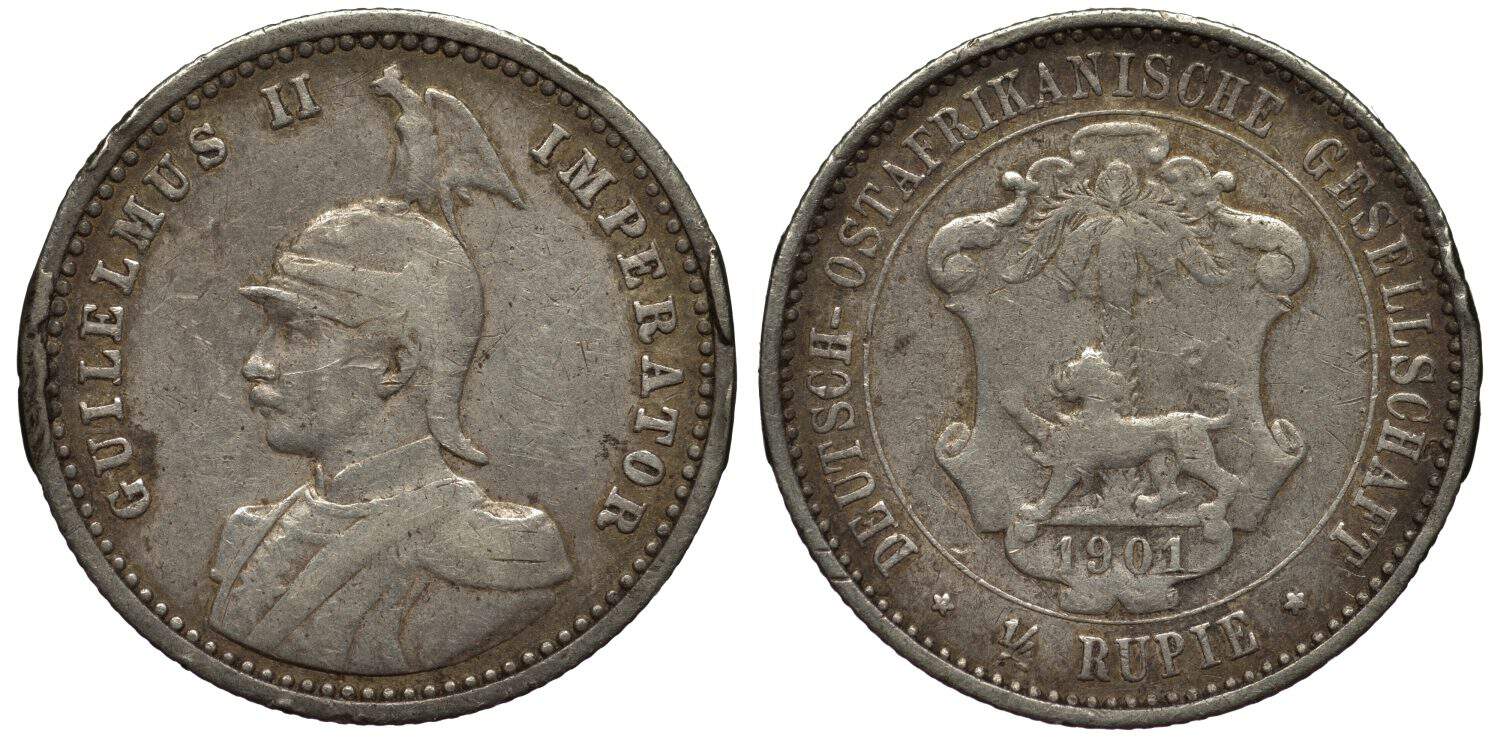 German East Africa Tanzania silver coin 1/4 quarter rupee 1901, old type, uniformed bust of Emperor Wilhelm II, eagle on helmet, coat of arms, lion in front of palm tree, date below, colonial time,