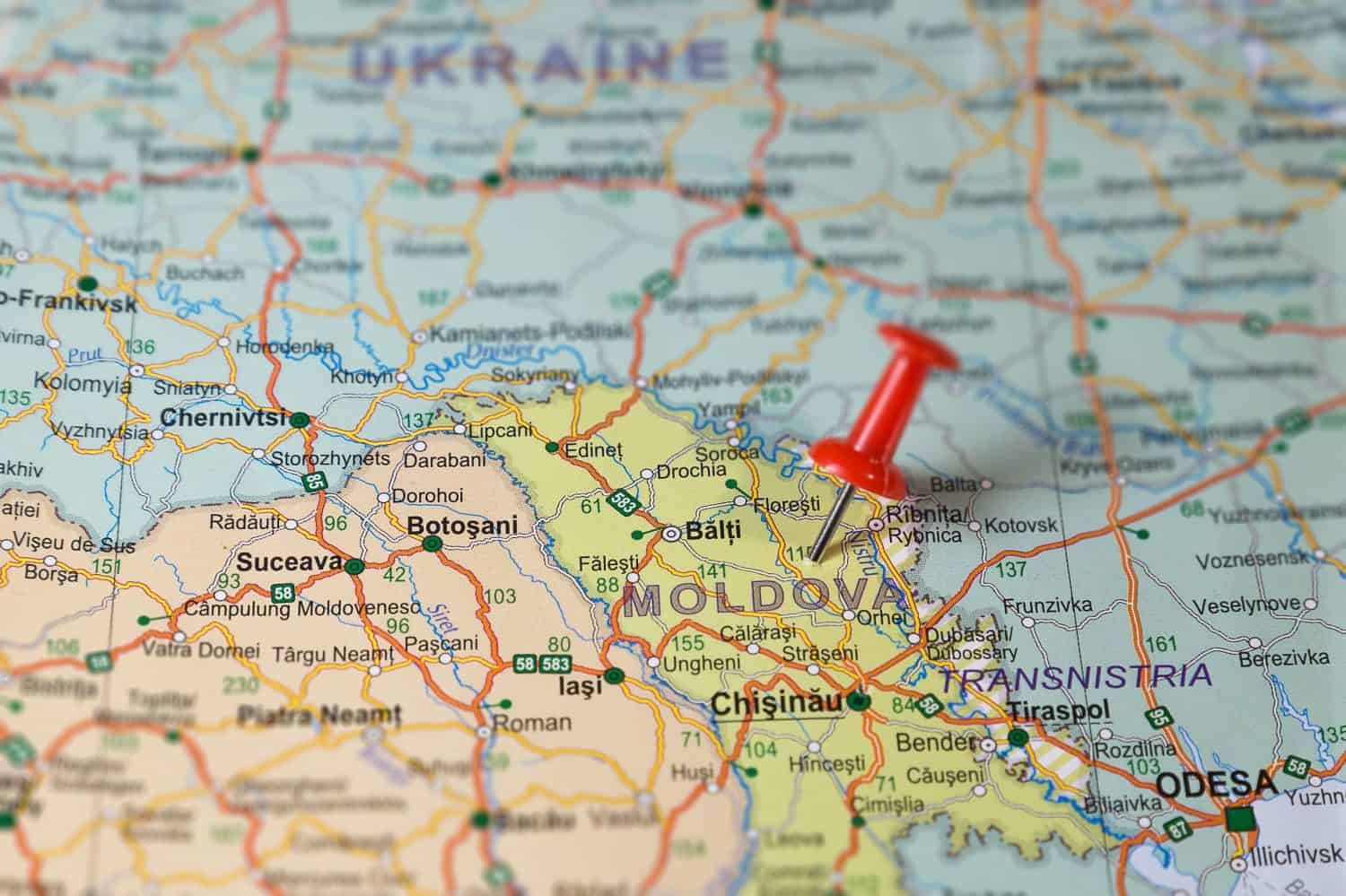 Moldova pinned on a map of Europe