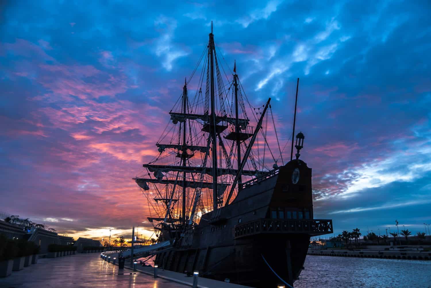 Galleon in the port of Valencia in a fantastic sunrise