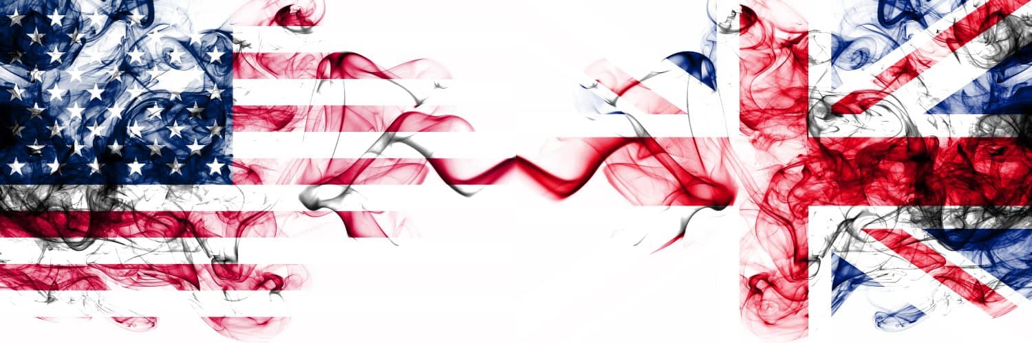 United States of America vs United Kingdom, British smoky mystic flags placed side by side. Thick colored silky abstract smokes banner of America and United Kingdom, British